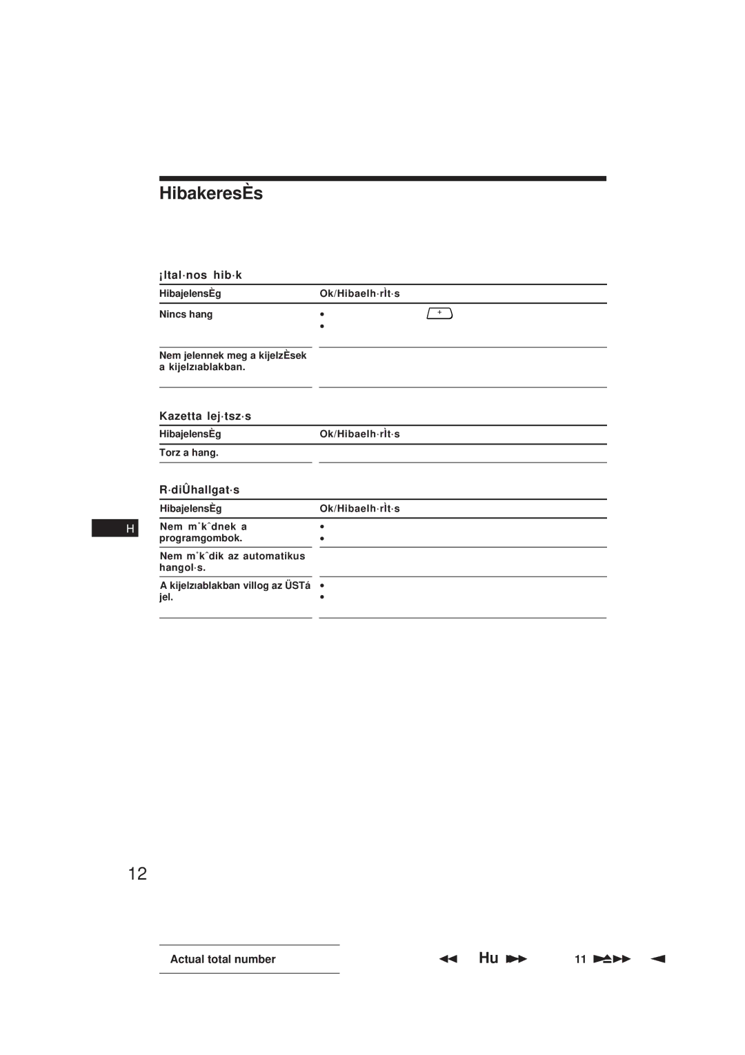 Sony XR-3503MK2 operating instructions HibakeresÈs, ¡ltal·nos hib·k, Kazetta lej·tsz·s, ·diÛhallgat·s 