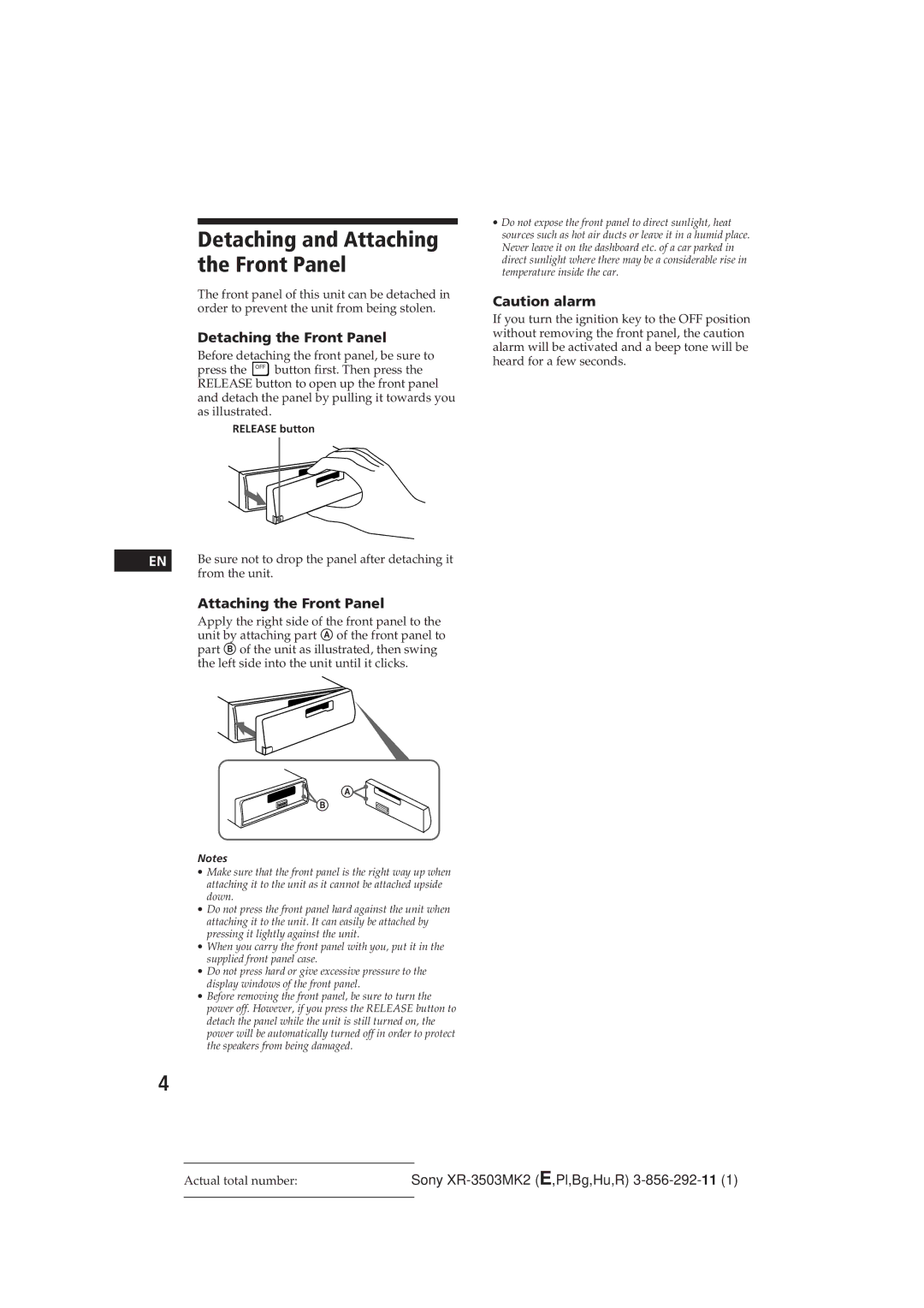 Sony XR-3503MK2 operating instructions Detaching the Front Panel, Attaching the Front Panel 