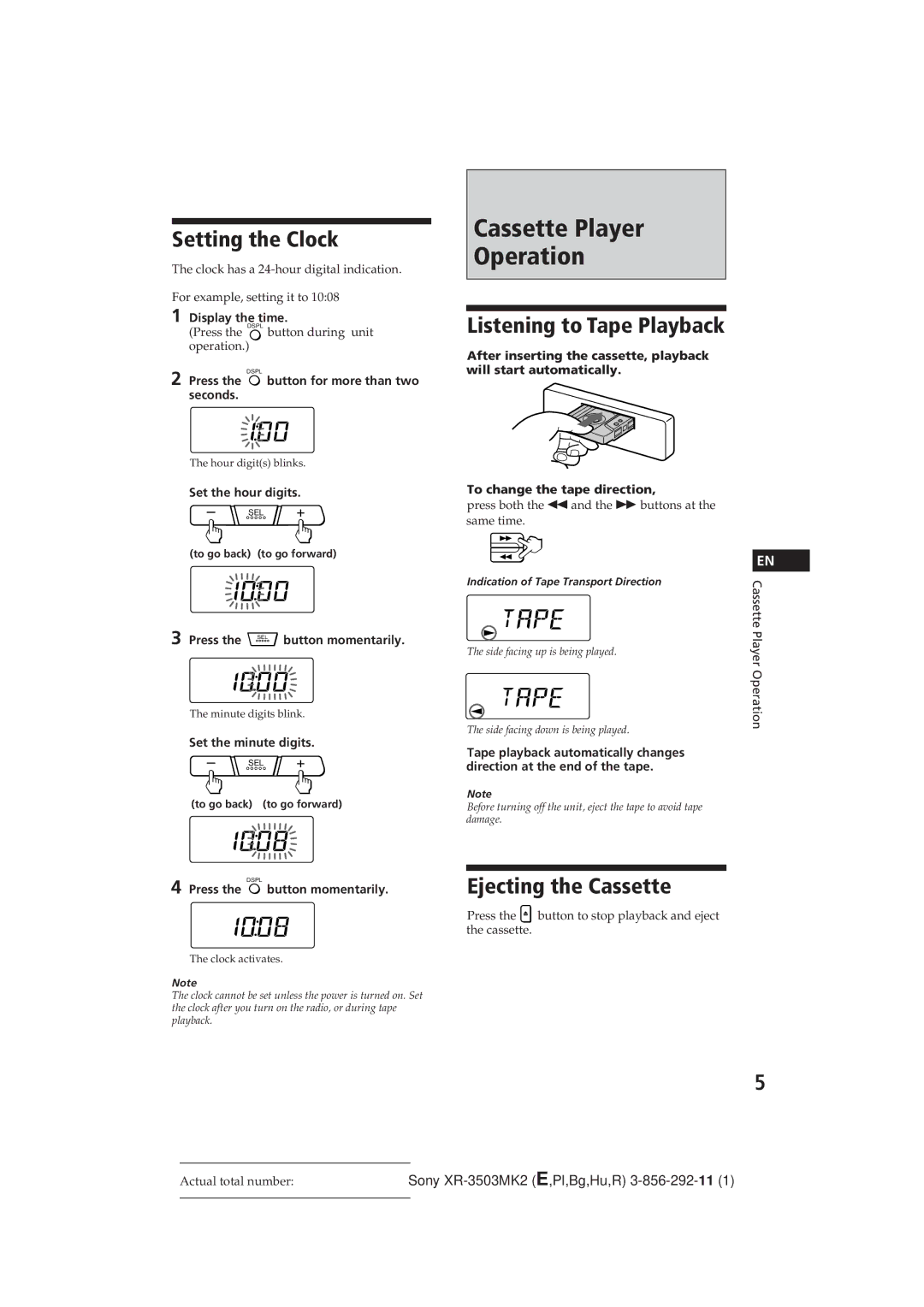 Sony XR-3503MK2 operating instructions Setting the Clock, Listening to Tape Playback, Ejecting the Cassette 