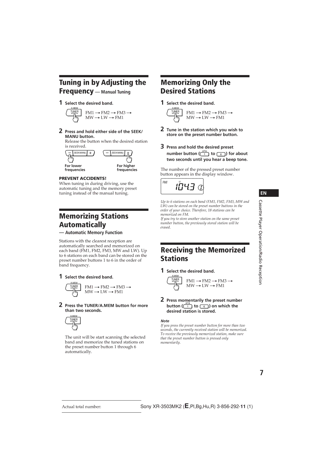 Sony XR-3503MK2 operating instructions Receiving the Memorized Stations, Automatic Memory Function 