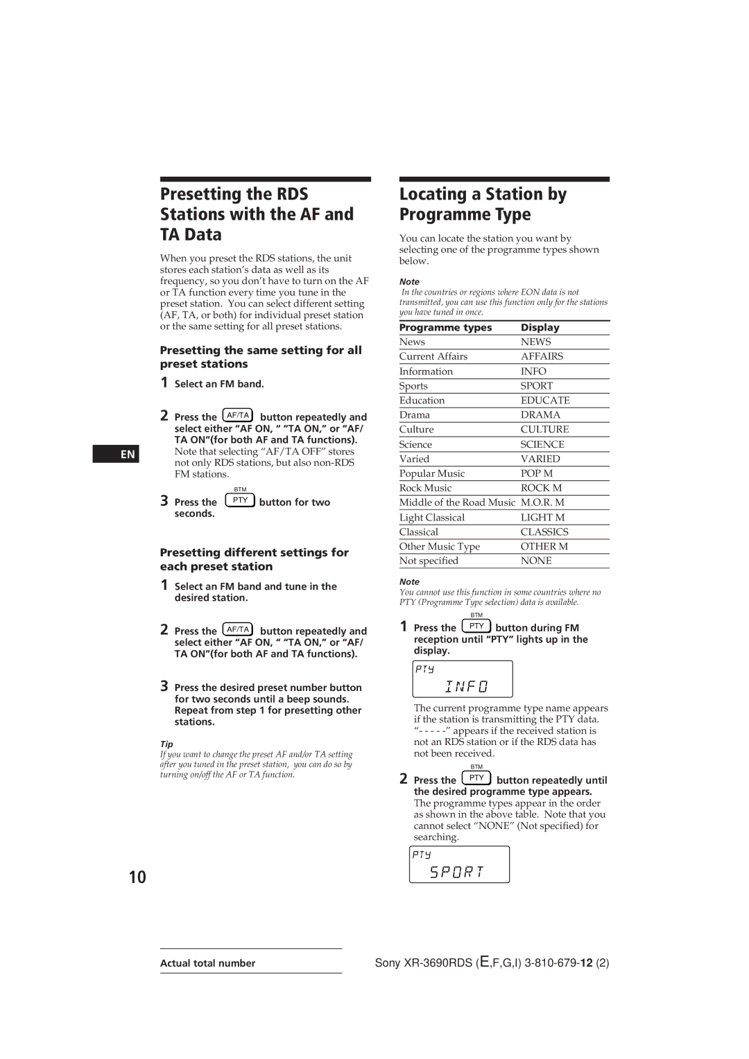 Sony XR-3690RDS Presetting the RDS Stations with the AF TA Data, Locating a Station by Programme Type 