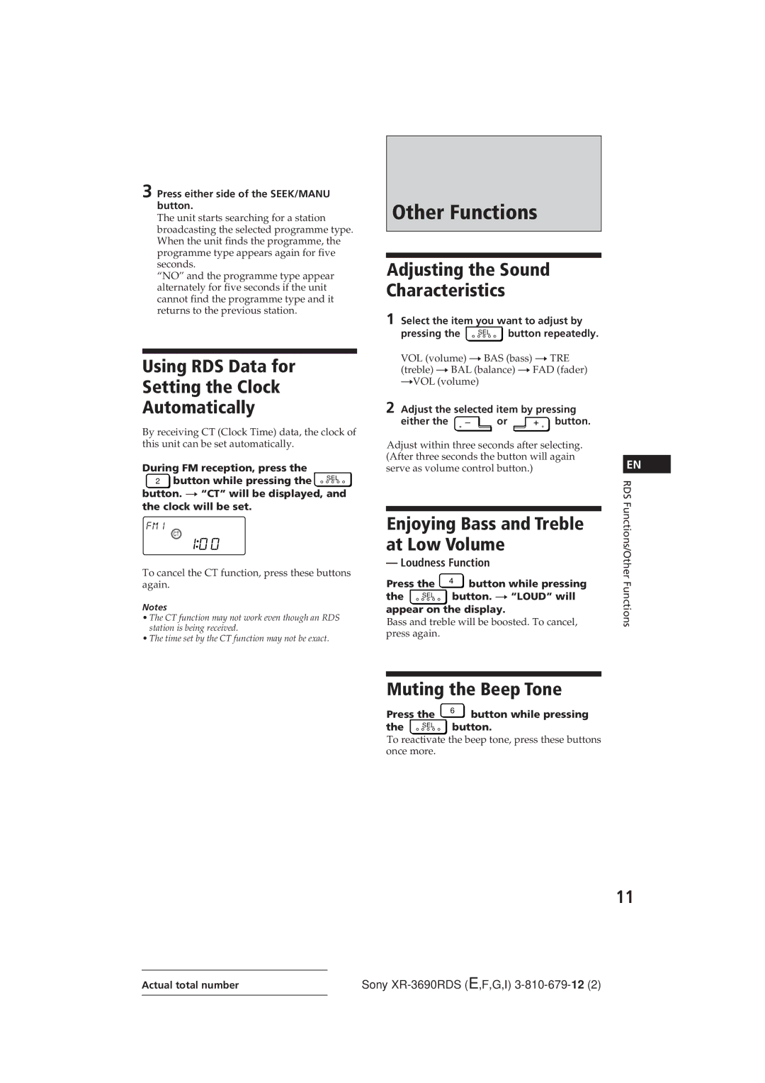 Sony XR-3690RDS operating instructions Other Functions 