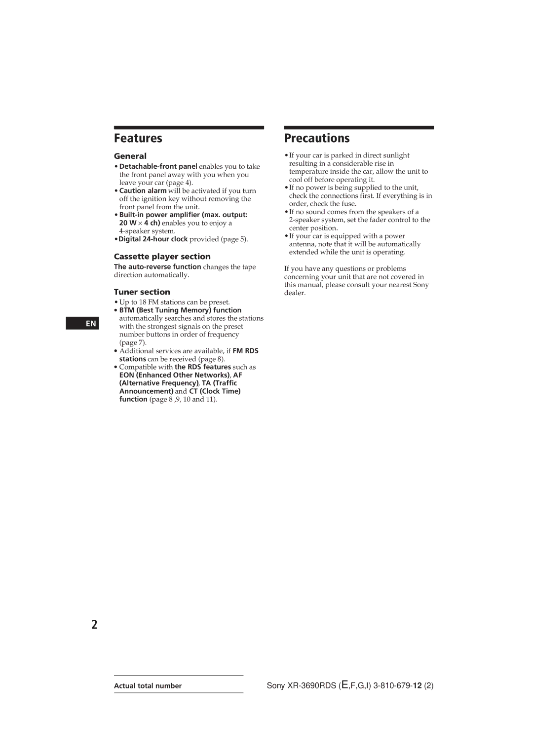 Sony XR-3690RDS operating instructions Features, Precautions, General, Cassette player section, Tuner section 