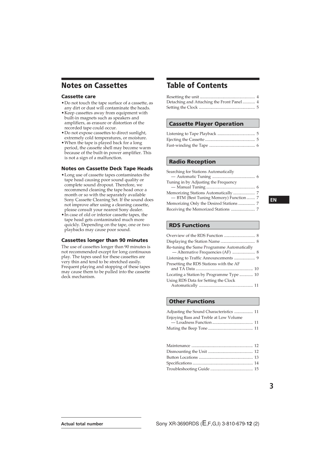 Sony XR-3690RDS operating instructions Table of Contents 