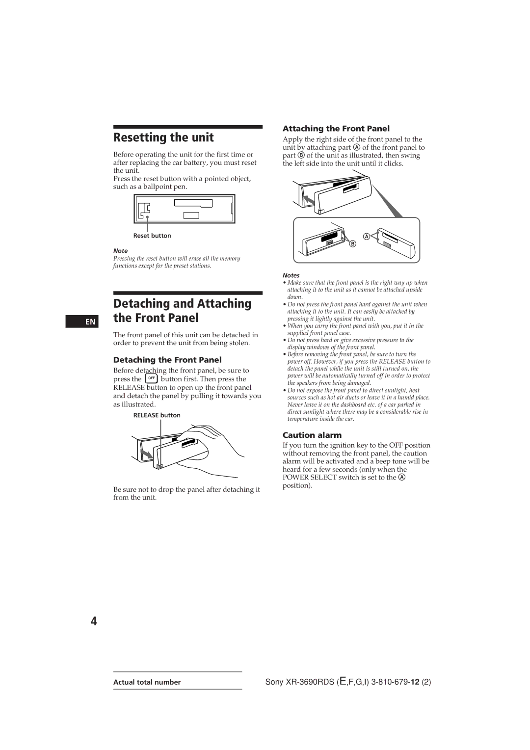 Sony XR-3690RDS Resetting the unit, Detaching and Attaching EN the Front Panel, Detaching the Front Panel 
