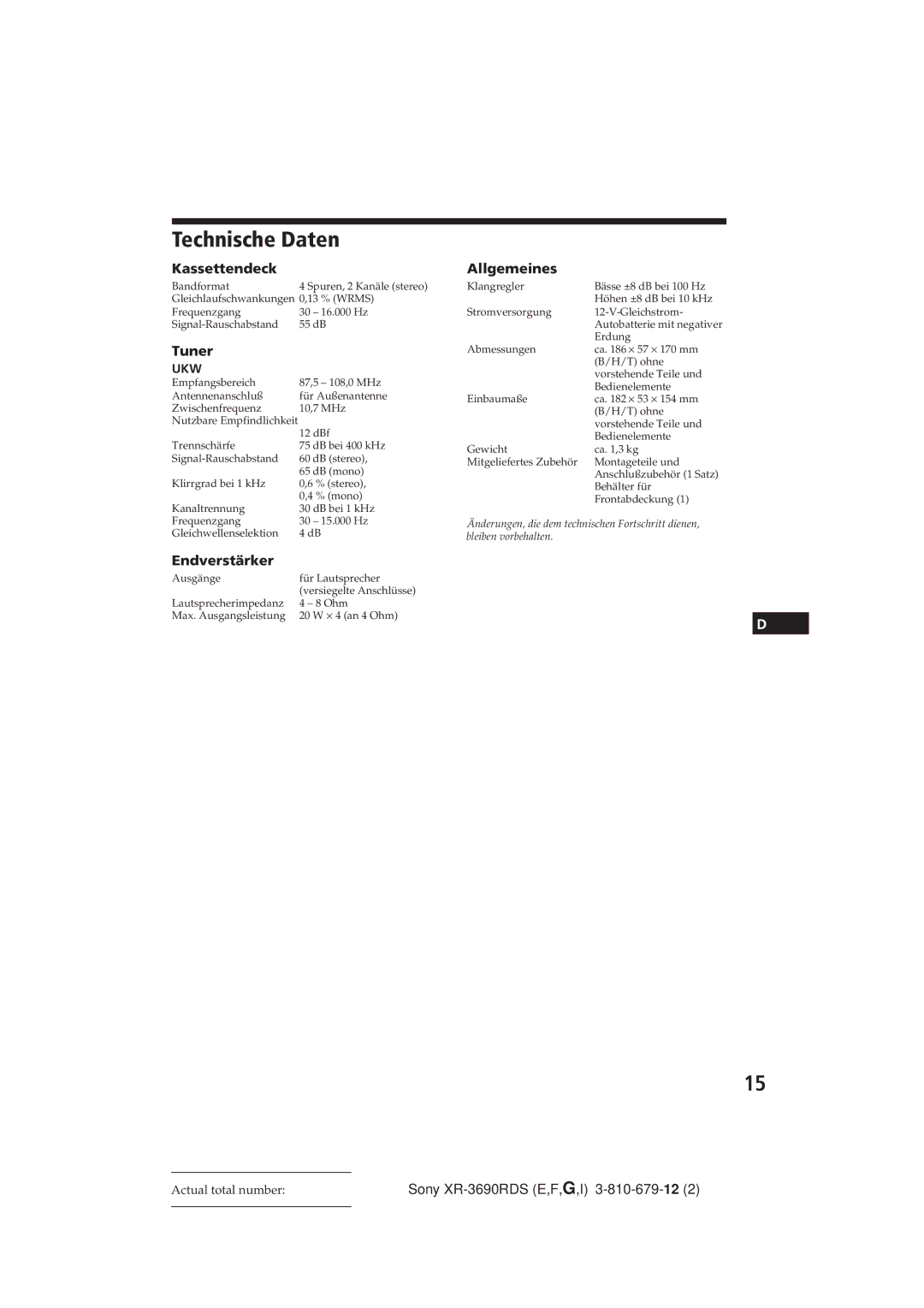 Sony XR-3690RDS operating instructions Technische Daten, Endverstärker 