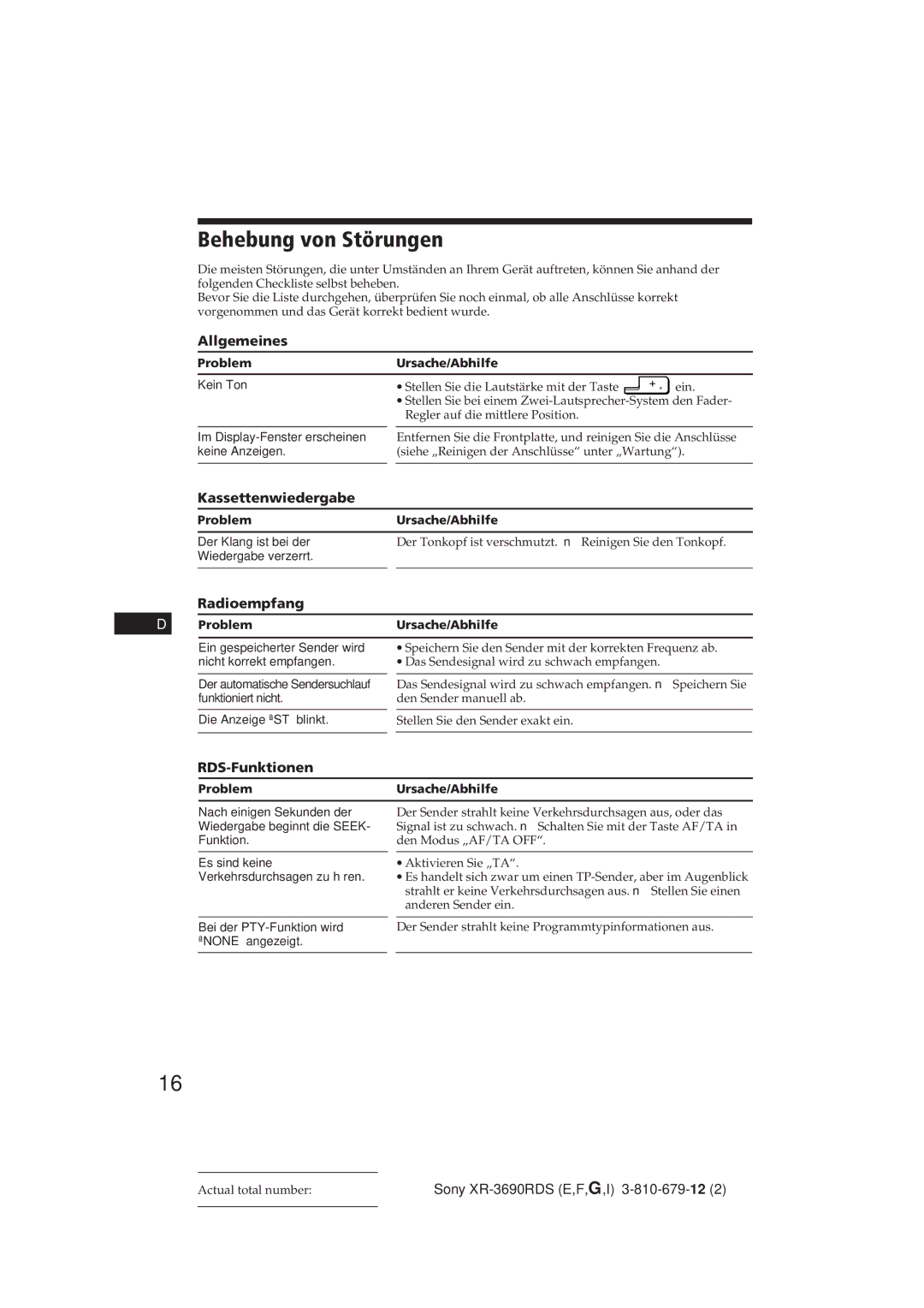 Sony XR-3690RDS operating instructions Behebung von Störungen, Kassettenwiedergabe, Radioempfang, RDS-Funktionen 