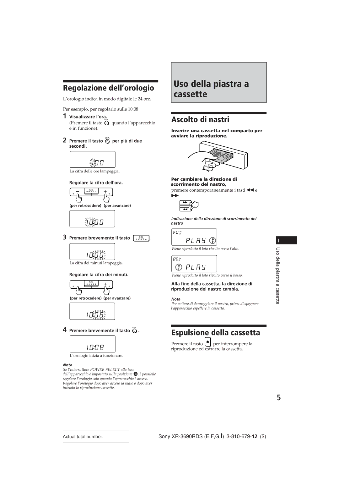 Sony XR-3690RDS Uso della piastra a cassette, Regolazione dell’orologio, Ascolto di nastri, Espulsione della cassetta 