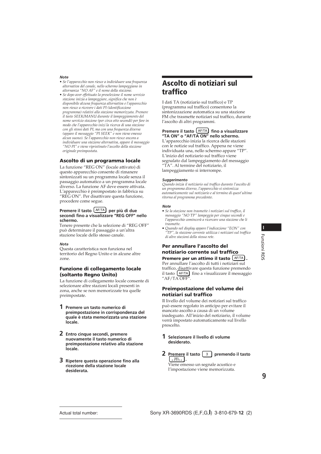 Sony XR-3690RDS operating instructions Ascolto di notiziari sul traffico, Ascolto di un programma locale, Suggerimento 