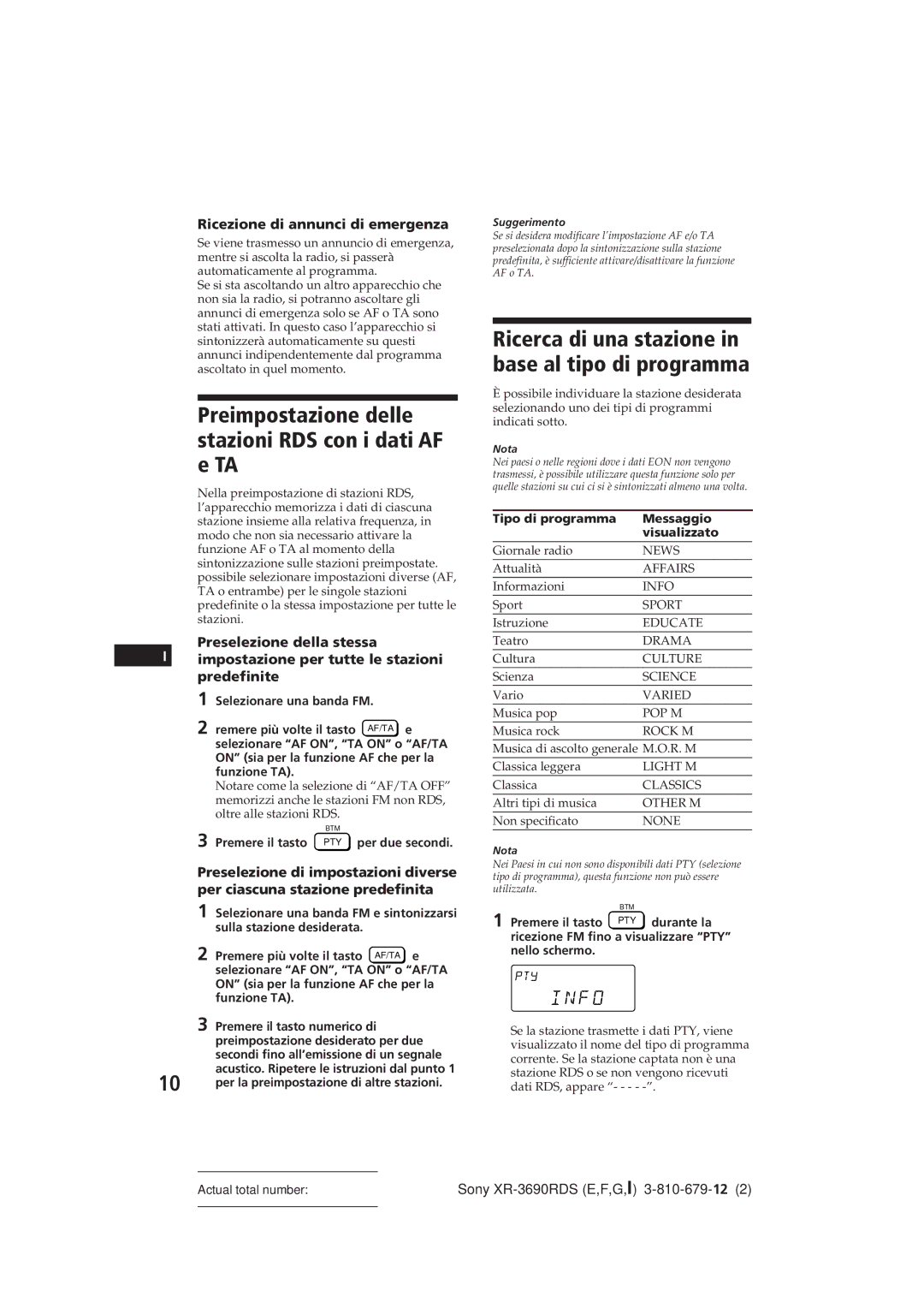 Sony XR-3690RDS Preimpostazione delle stazioni RDS con i dati AF e TA, Ricezione di annunci di emergenza 