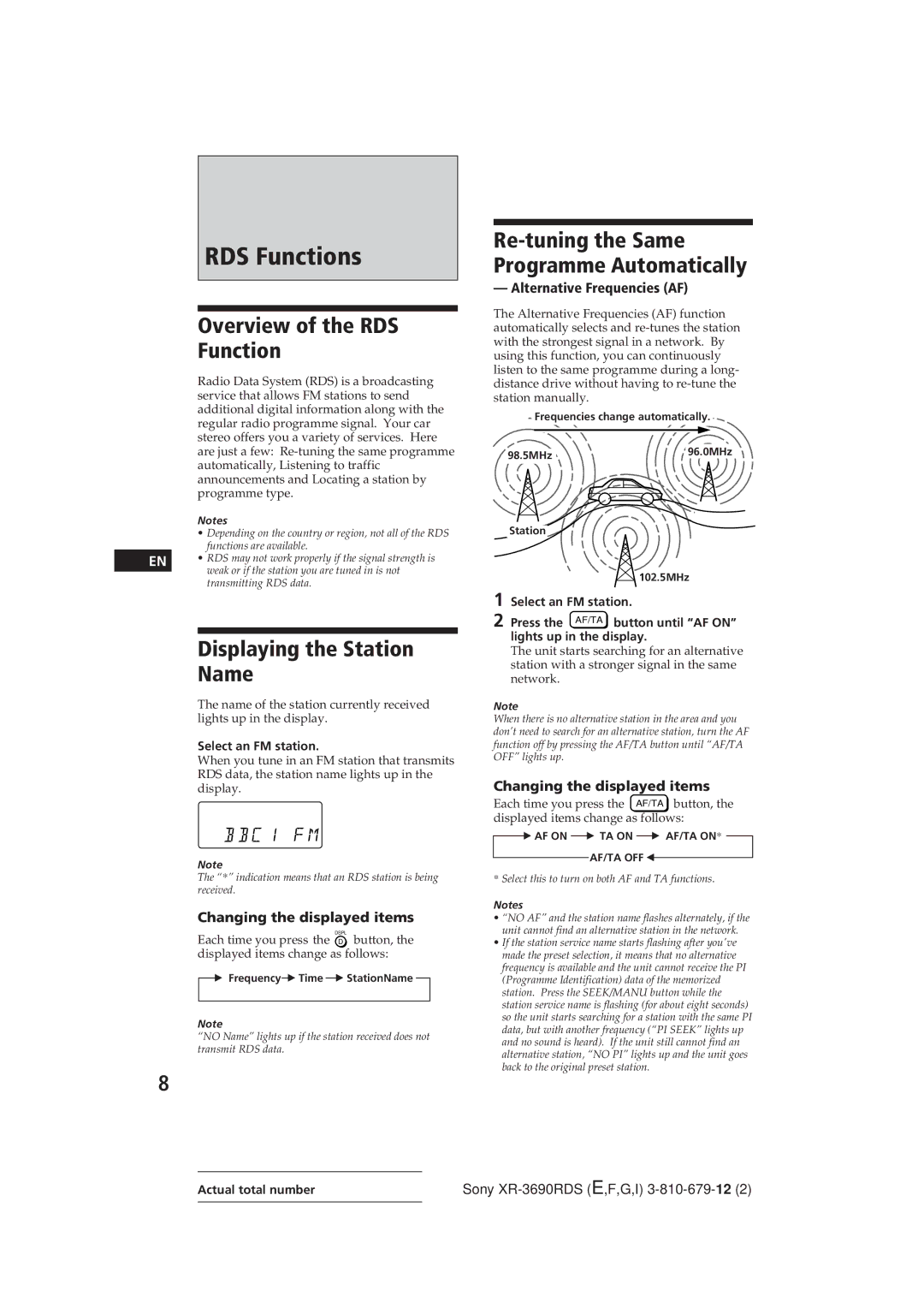 Sony XR-3690RDS operating instructions RDS Functions, Overview of the RDS Function, Displaying the Station Name 