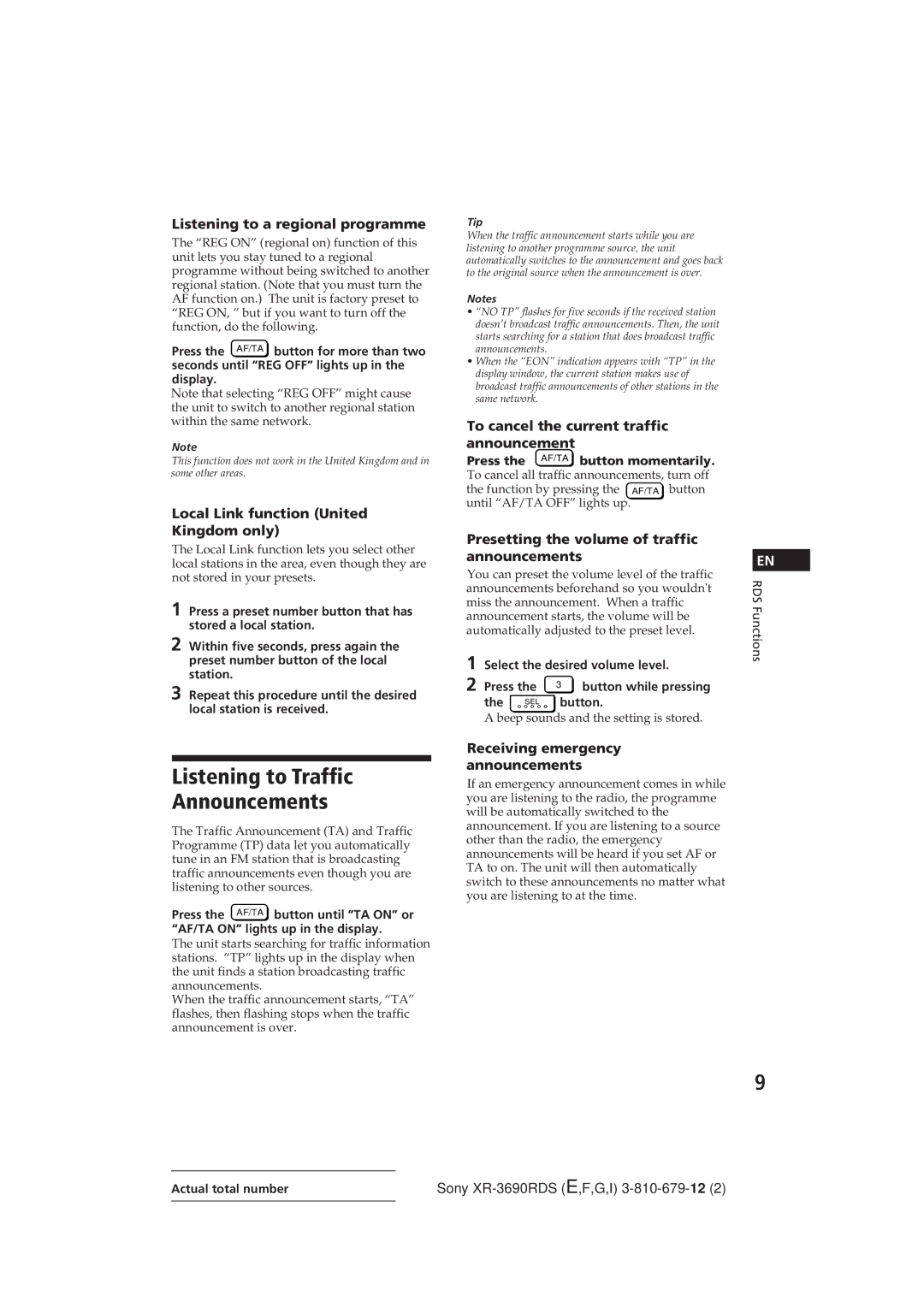 Sony XR-3690RDS operating instructions Listening to Traffic Announcements 