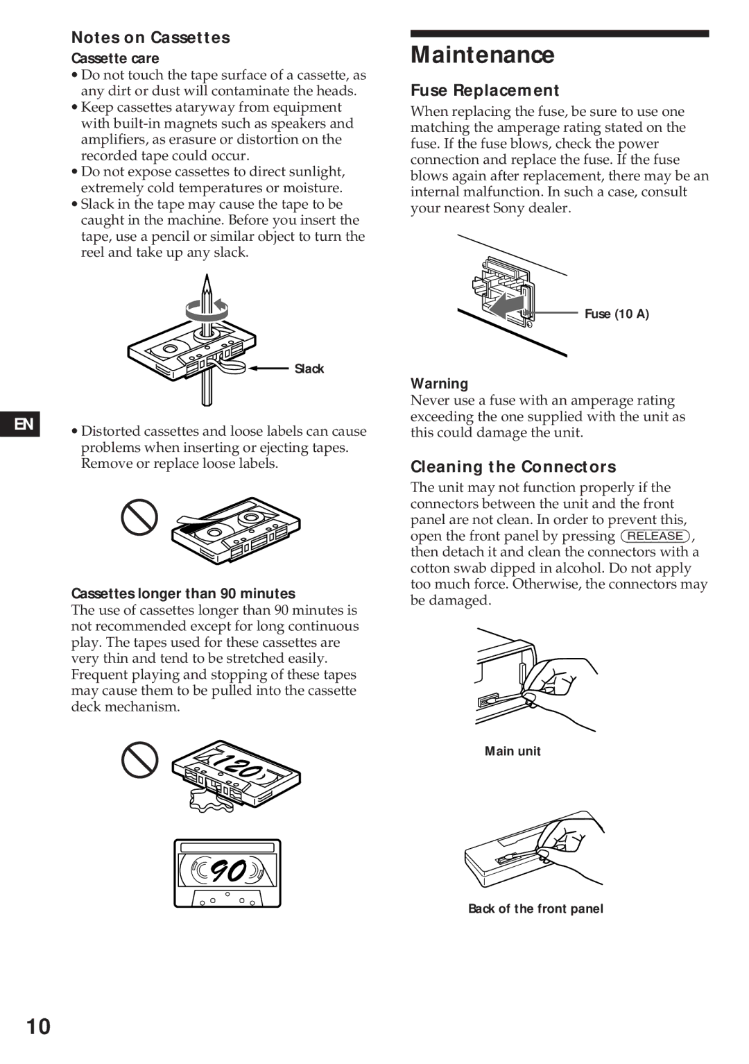 Sony XR-3750 Maintenance, Fuse Replacement, Cleaning the Connectors, Cassette care, Cassettes longer than 90 minutes 