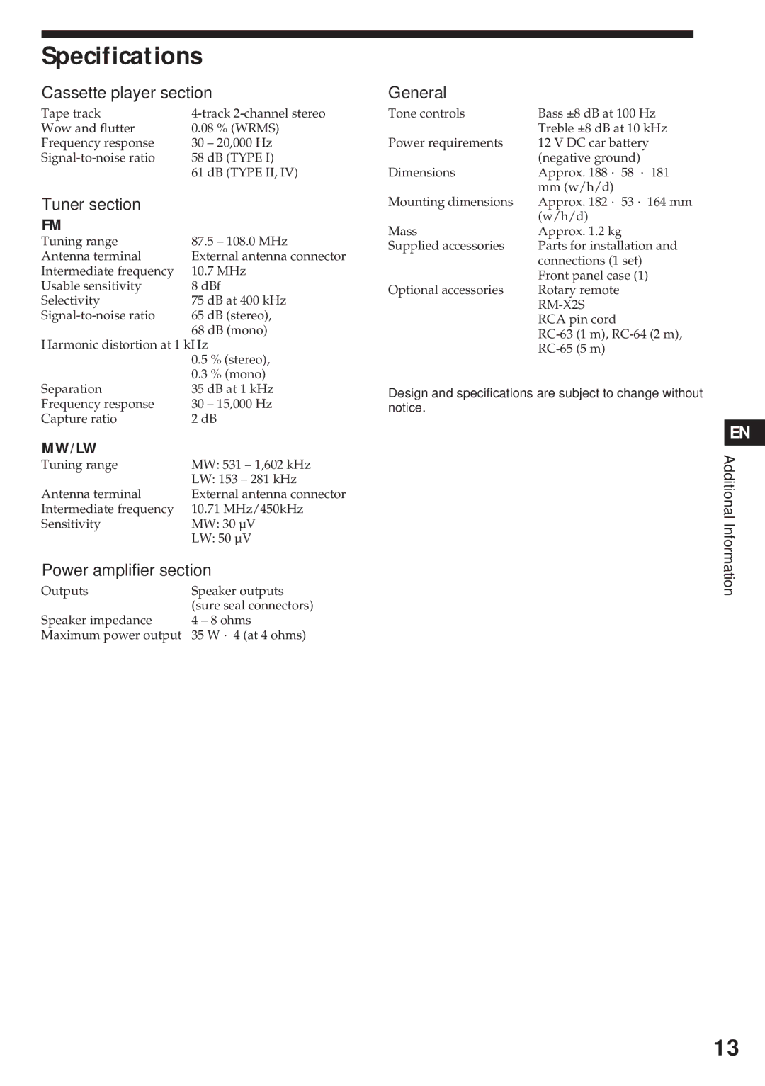 Sony XR-3750 Specifications, Cassette player section, Tuner section, Power amplifier section, General 