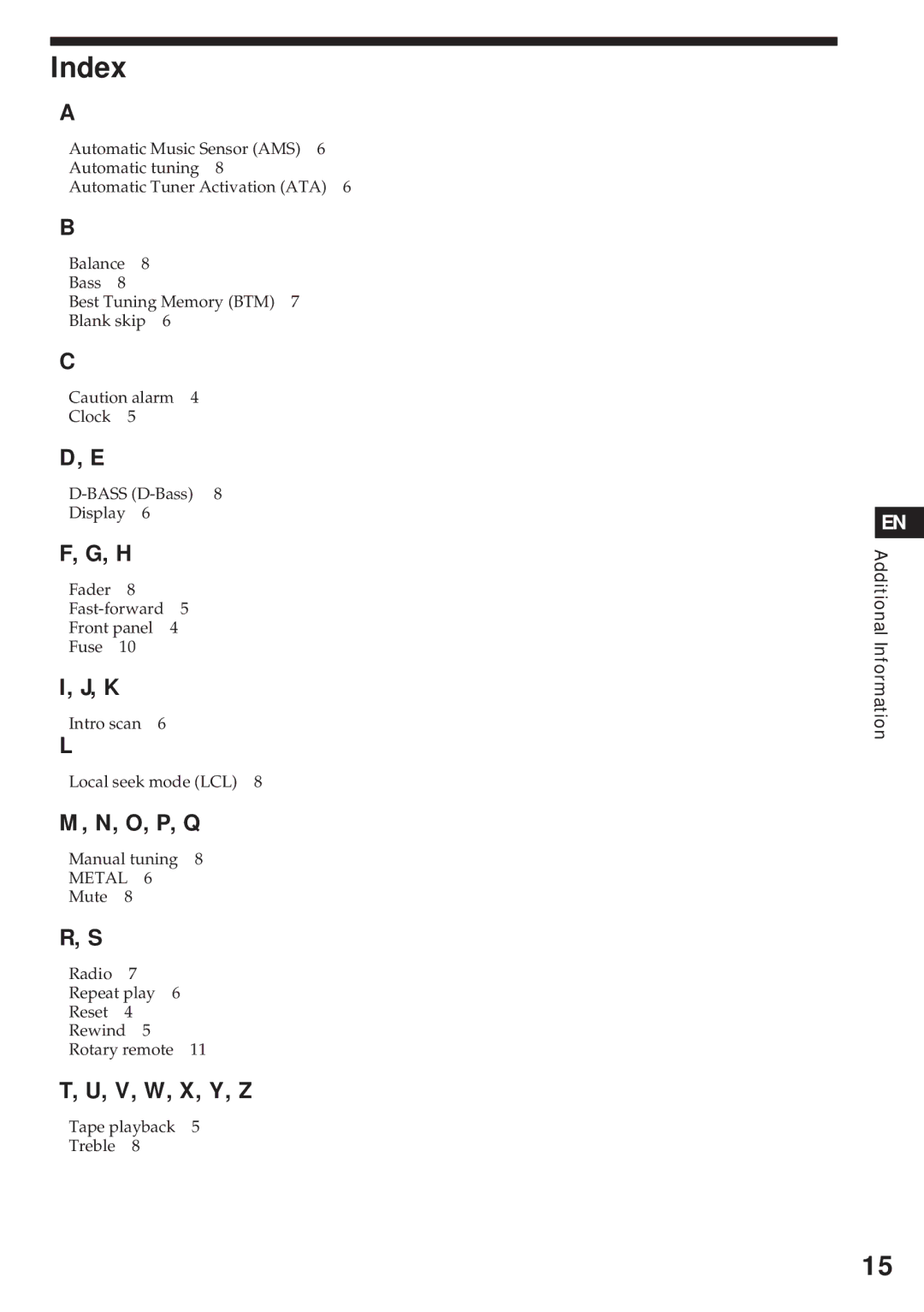 Sony XR-3750 operating instructions Index 