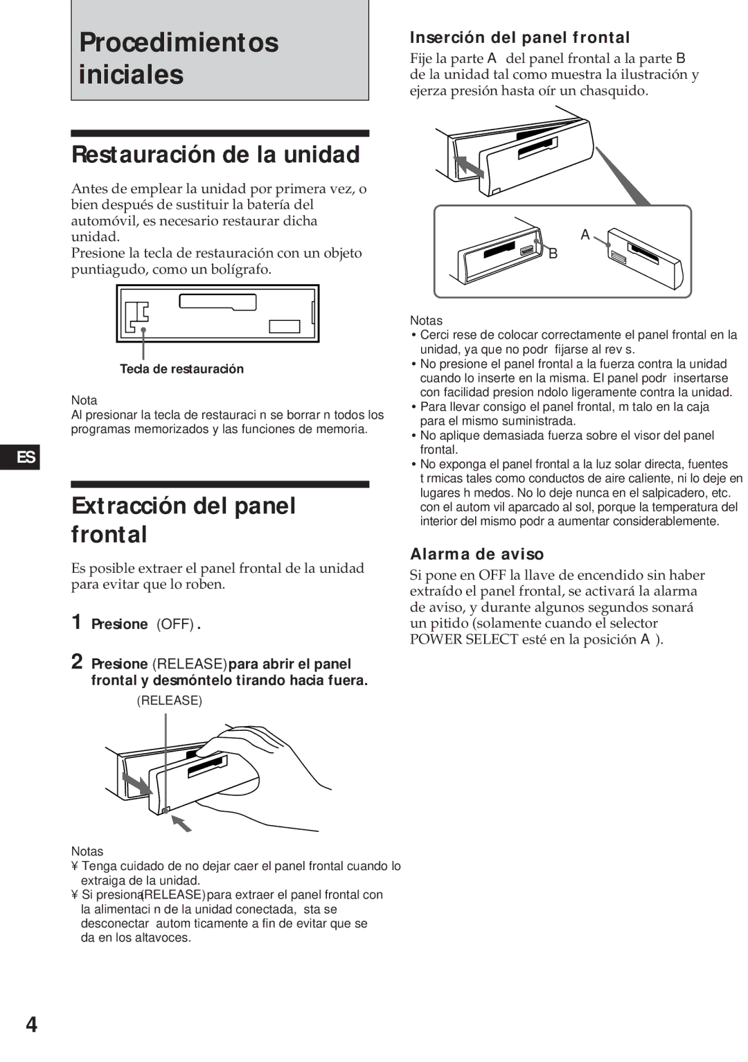 Sony XR-3750 Restauración de la unidad, Extracción del panel frontal, Inserción del panel frontal, Alarma de aviso 