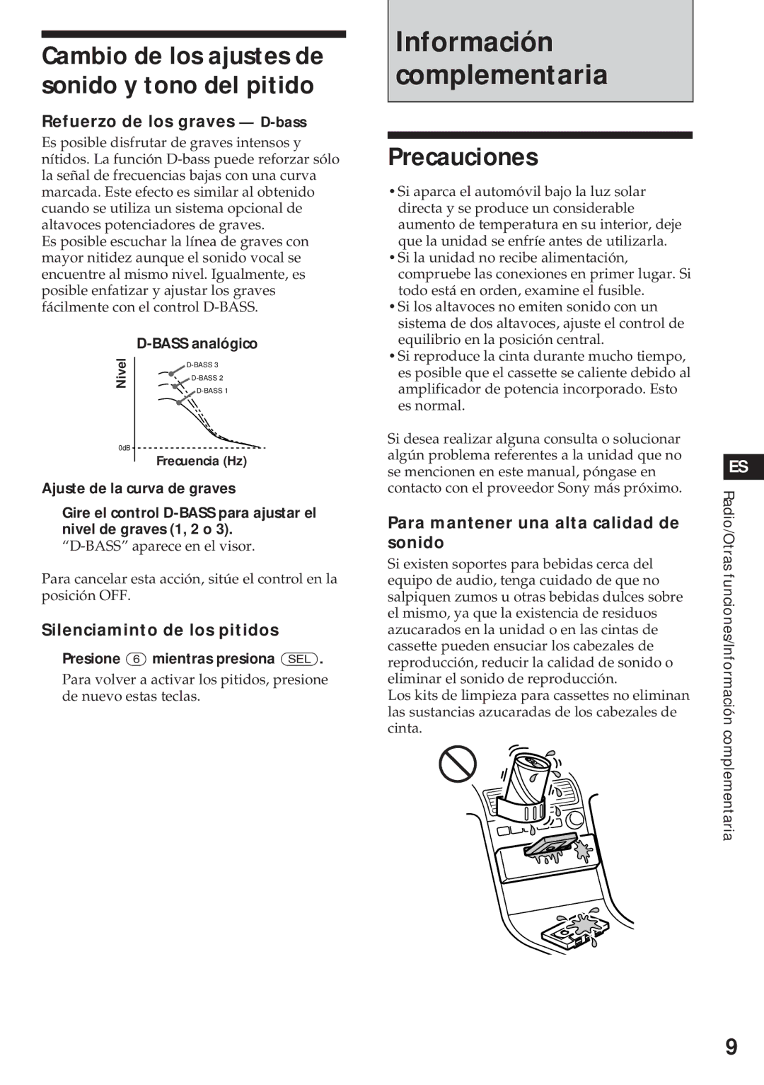 Sony XR-3750 Precauciones, Cambio de los ajustes de sonido y tono del pitido, Refuerzo de los graves D-bass 