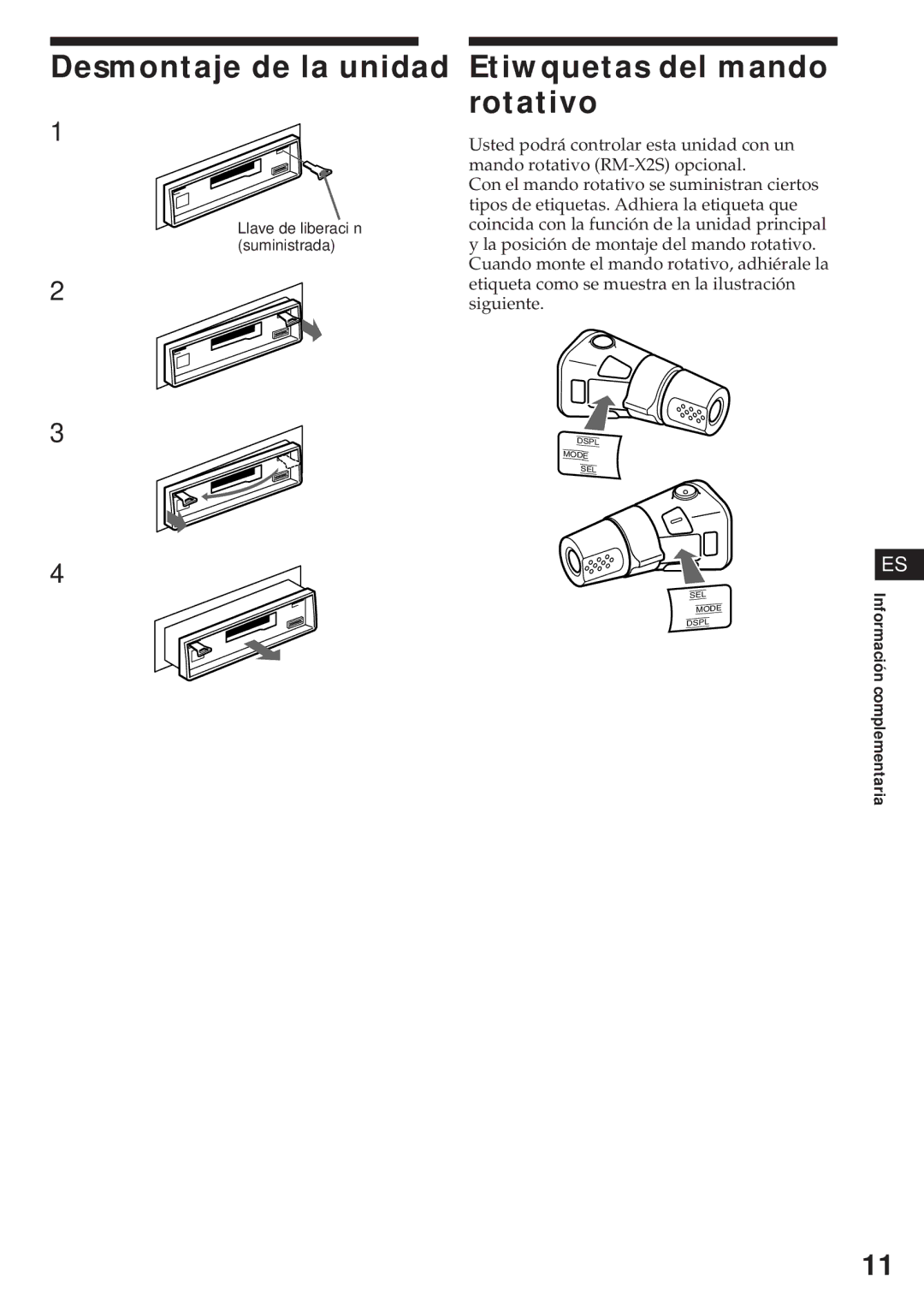 Sony XR-3750 operating instructions Desmontaje de la unidad, Etiwquetas del mando rotativo 