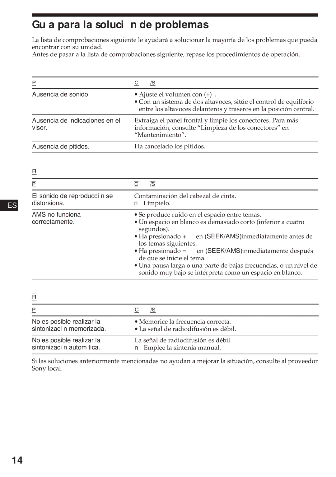 Sony XR-3750 operating instructions Guía para la solución de problemas, Reproducción de cintas, Radiorecepción 