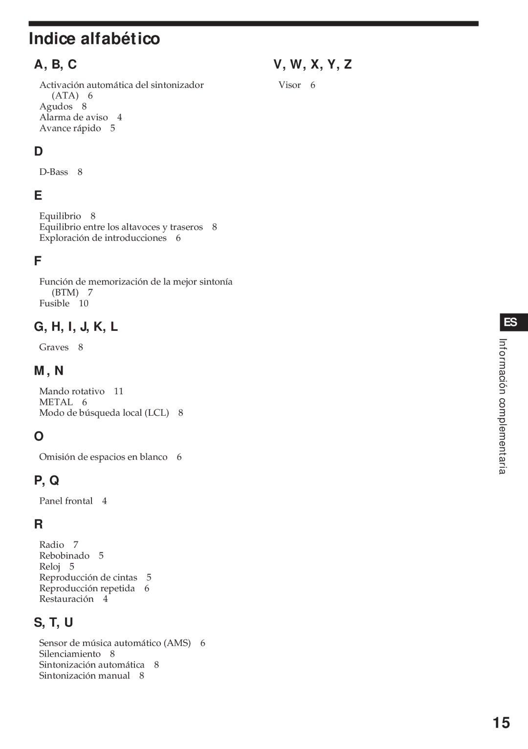 Sony XR-3750 operating instructions Indice alfabético, X, Y, Z 