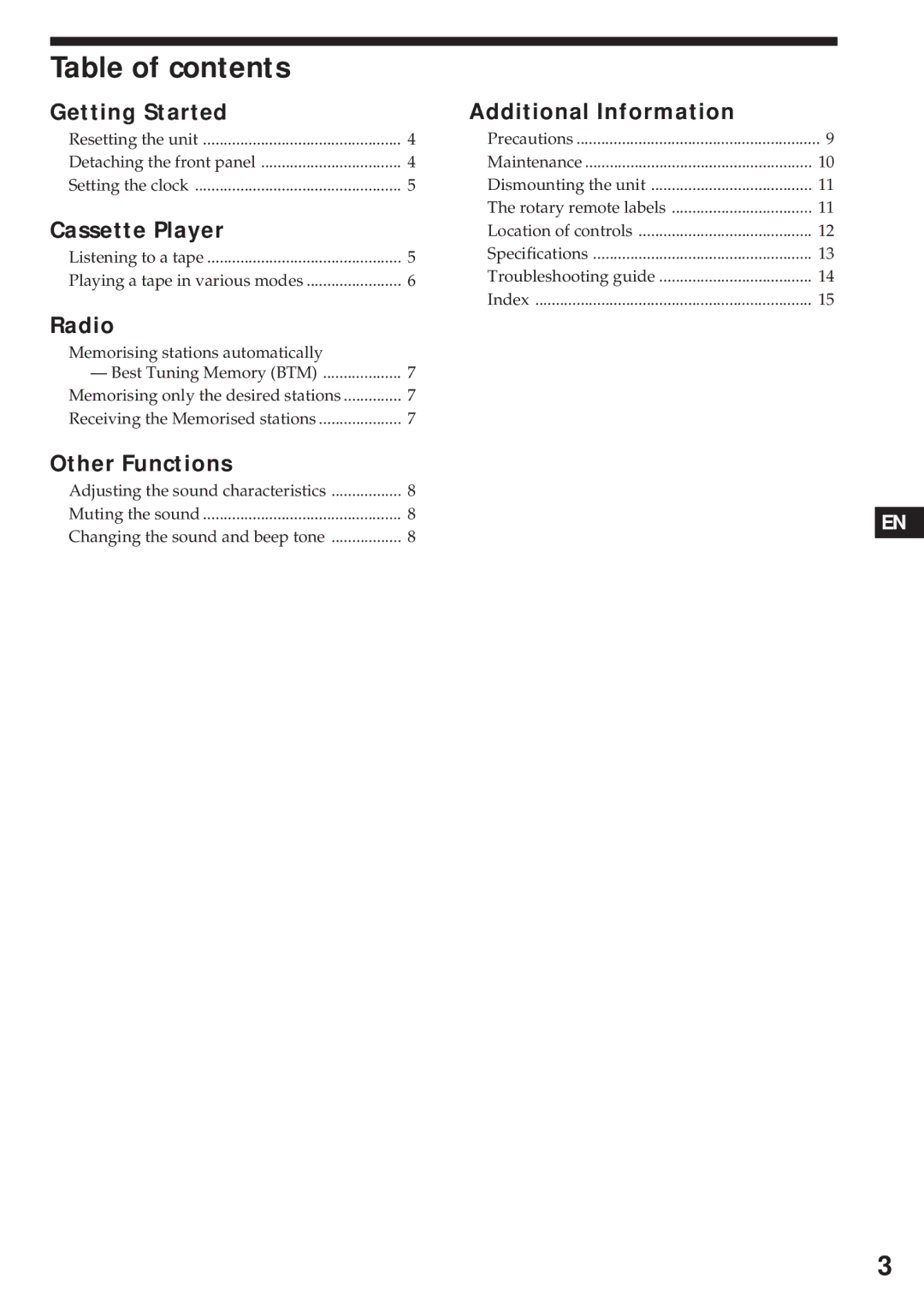 Sony XR-3750 operating instructions Table of contents 