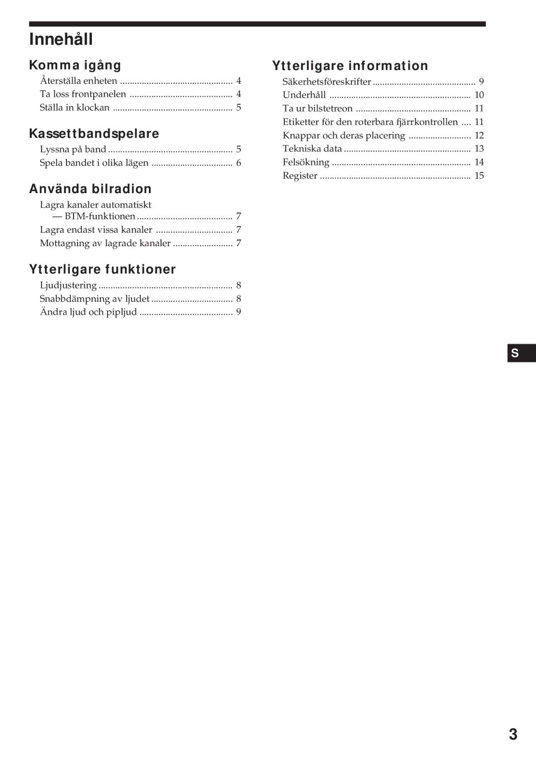 Sony XR-3750 operating instructions Innehåll, Använda bilradion 