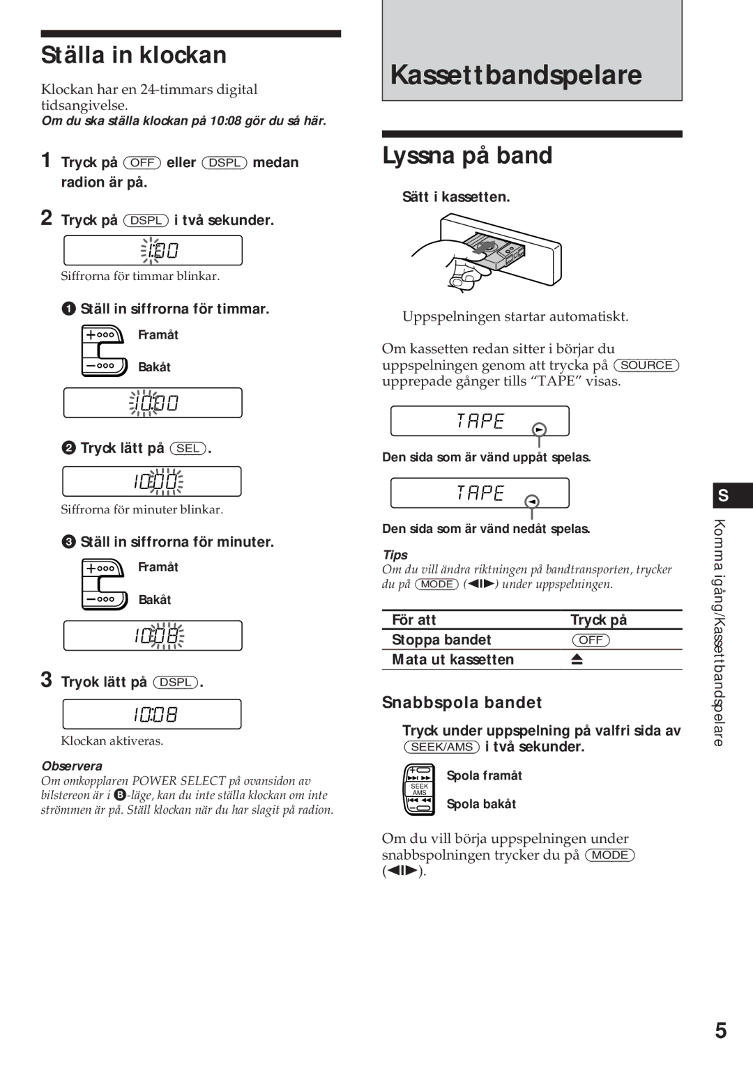 Sony XR-3750 operating instructions Kassettbandspelare, Ställa in klockan, Lyssna på band, Snabbspola bandet 