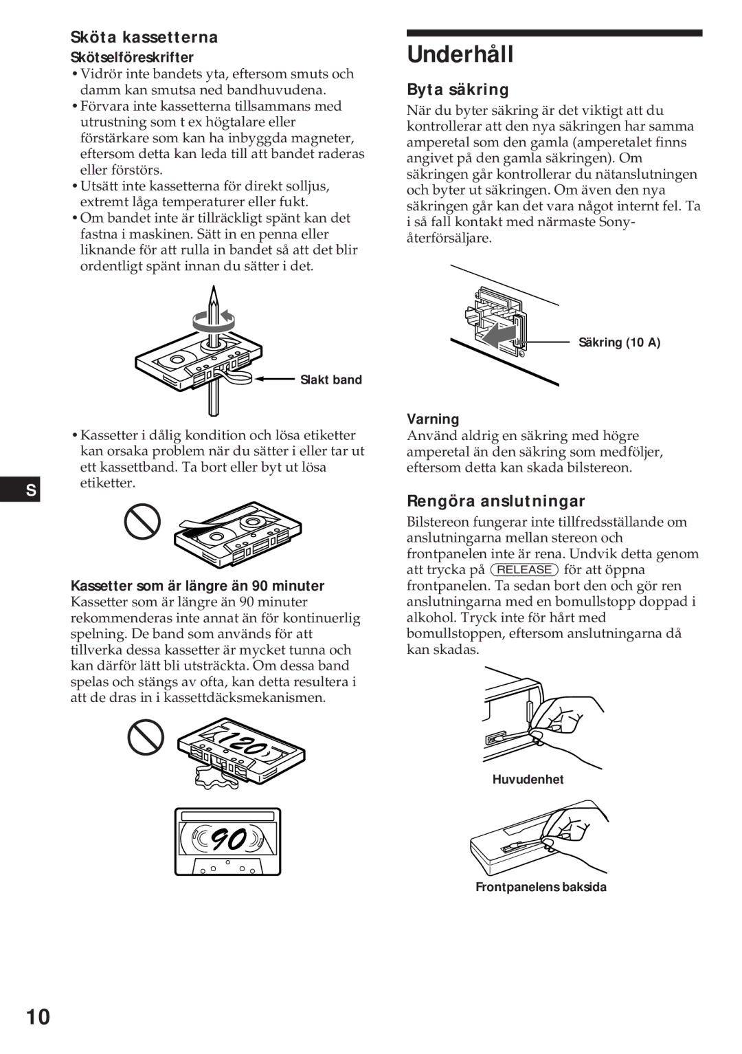 Sony XR-3750 operating instructions Underhåll, Sköta kassetterna, Byta säkring, Rengöra anslutningar 