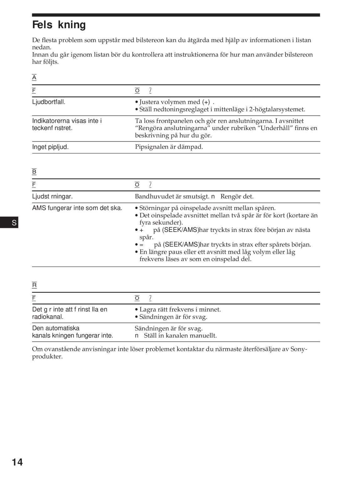 Sony XR-3750 operating instructions Felsökning, Banduppspelning, Radiomottagning 