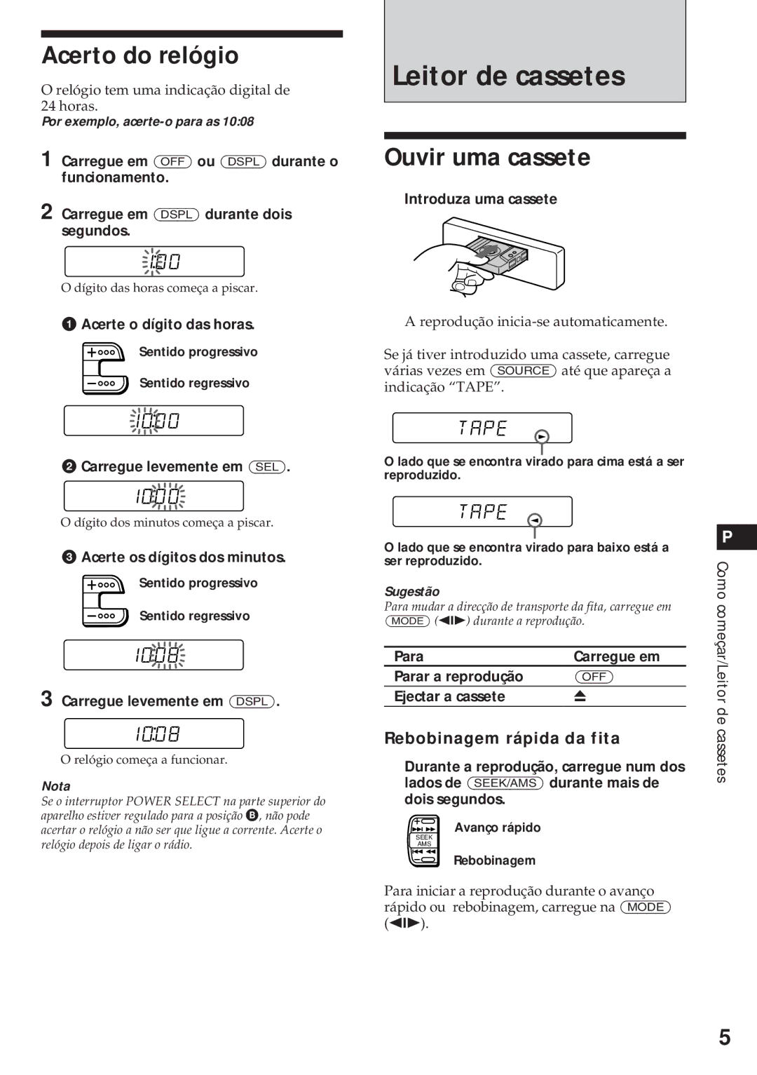 Sony XR-3750 operating instructions Leitor de cassetes, Acerto do relógio, Ouvir uma cassete 