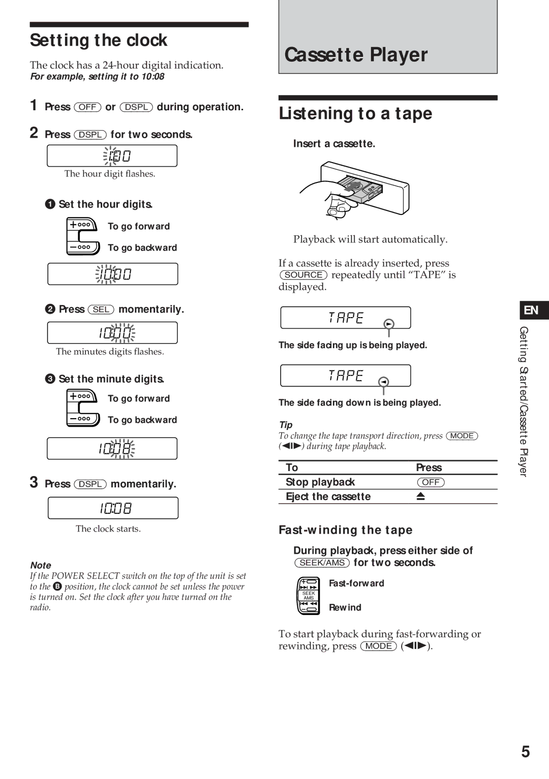 Sony XR-3750 operating instructions Cassette Player, Setting the clock, Listening to a tape, Fast-winding the tape 