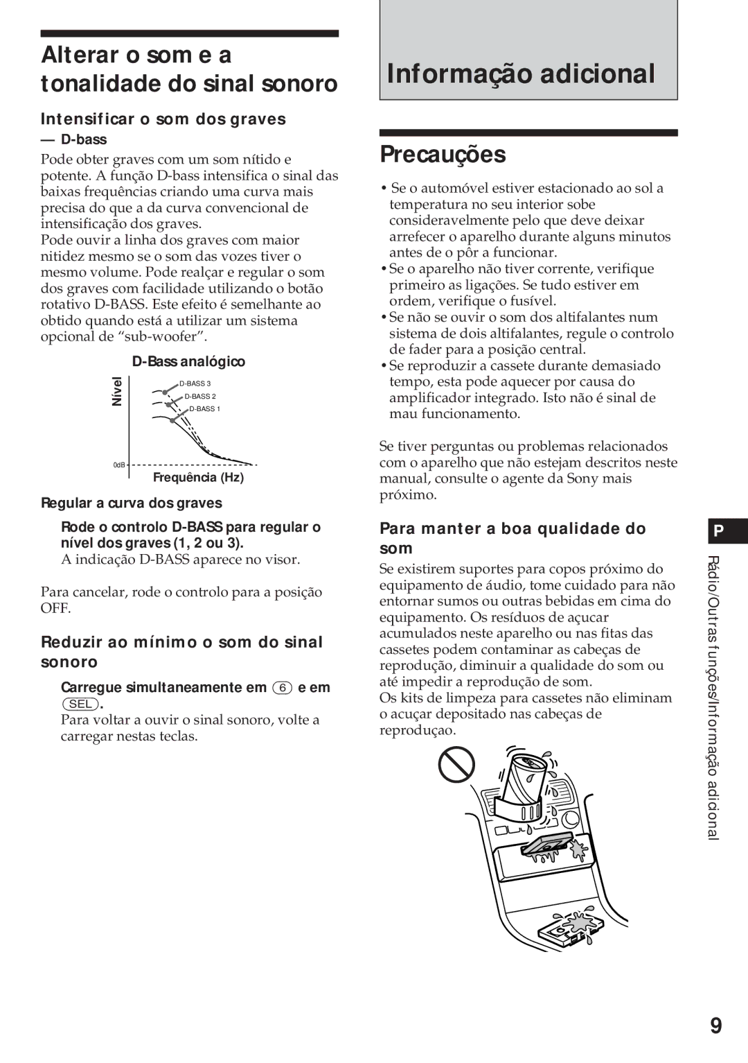 Sony XR-3750 operating instructions Informação adicional, Precauções, Alterar o som e a tonalidade do sinal sonoro 