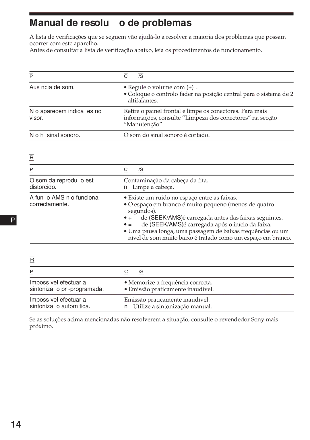 Sony XR-3750 operating instructions Manual de resolução de problemas, Reprodução da fita, Recepção de rádio 