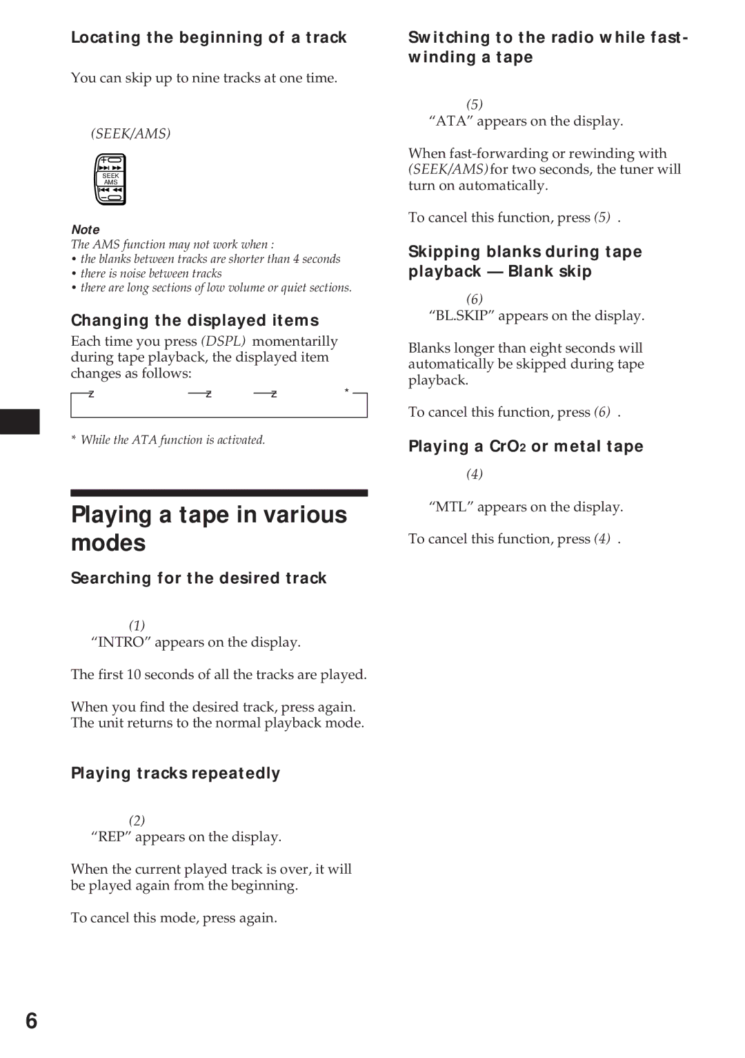 Sony XR-3750 operating instructions Playing a tape in various modes 