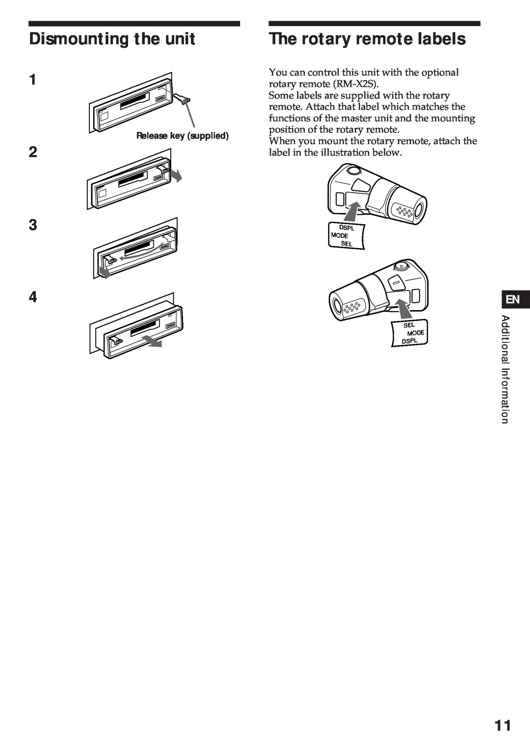 Sony XR-3750 operating instructions Dismounting the unit, The rotary remote labels 