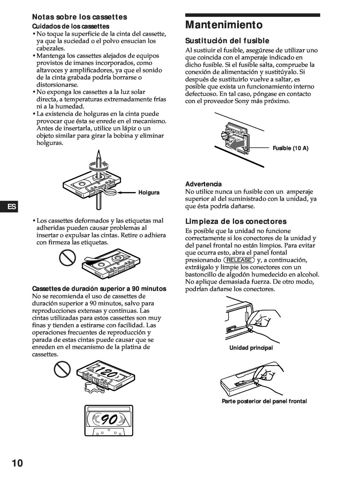 Sony XR-3750 Mantenimiento, Notas sobre los cassettes, Sustitución del fusible, Limpieza de los conectores, Advertencia 