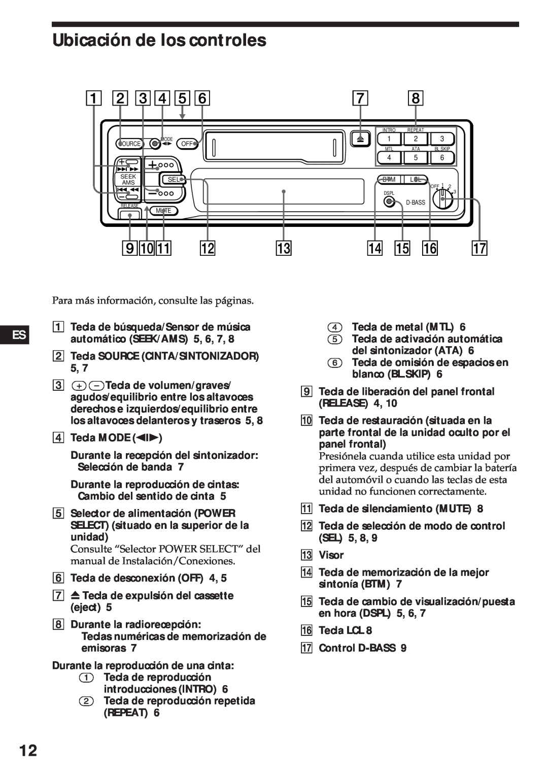 Sony XR-3750 Ubicación de los controles, Para más información, consulte las páginas, Tecla de búsqueda/Sensor de música 