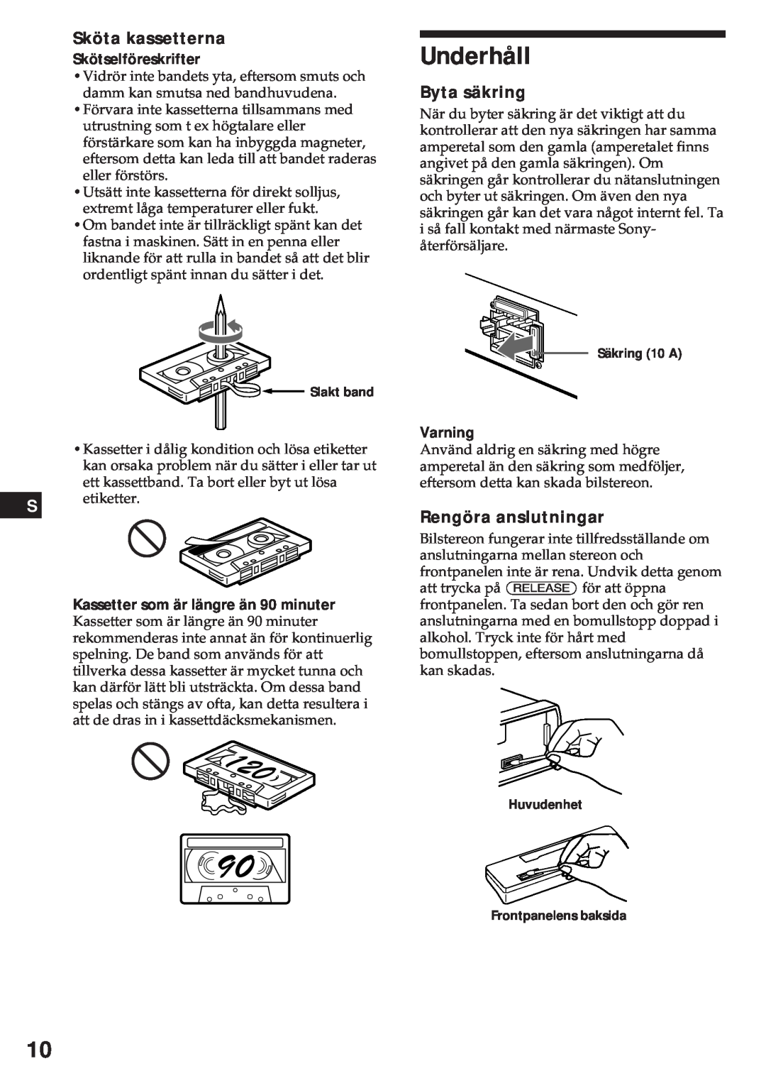 Sony XR-3750 Underhåll, Sköta kassetterna, Byta säkring, Rengöra anslutningar, Skötselföreskrifter, Varning 
