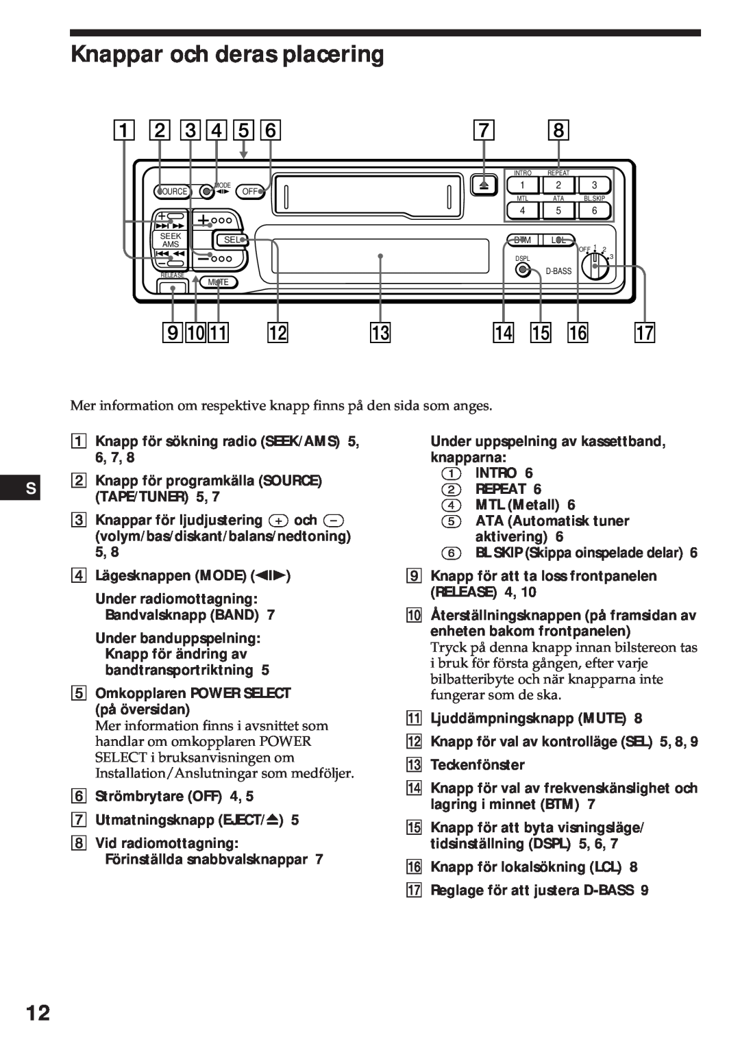 Sony XR-3750 Knappar och deras placering, Knapp för sökning radio SEEK/AMS 5, 6, 7, Knappar för ljudjustering + och Ð 