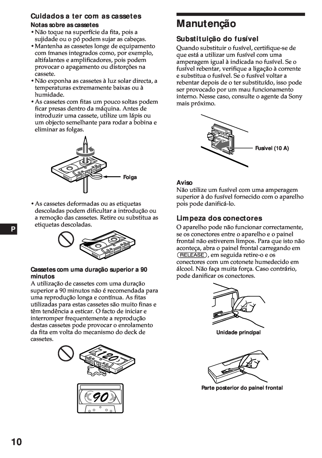 Sony XR-3750 Manutenção, Cuidados a ter com as cassetes, Substituição do fusível, Limpeza dos conectores, Aviso 
