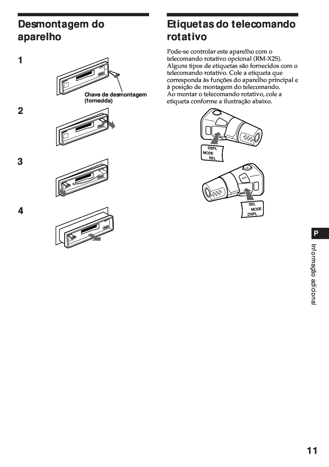 Sony XR-3750 operating instructions Desmontagem do aparelho, Etiquetas do telecomando rotativo, Informação adicional 