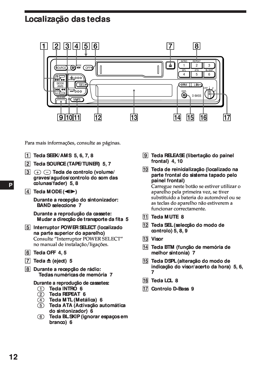 Sony XR-3750 Localização das teclas, Tecla SEEK/AMS 5, 6, 7 2 Tecla SOURCE TAPE/TUNER 5, P colunas/fader 5 4 Tecla MODE 