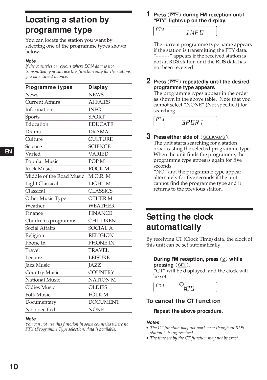 Sony XR-4740RDS Locating a station by programme type, Setting the clock automatically, To cancel the CT function 