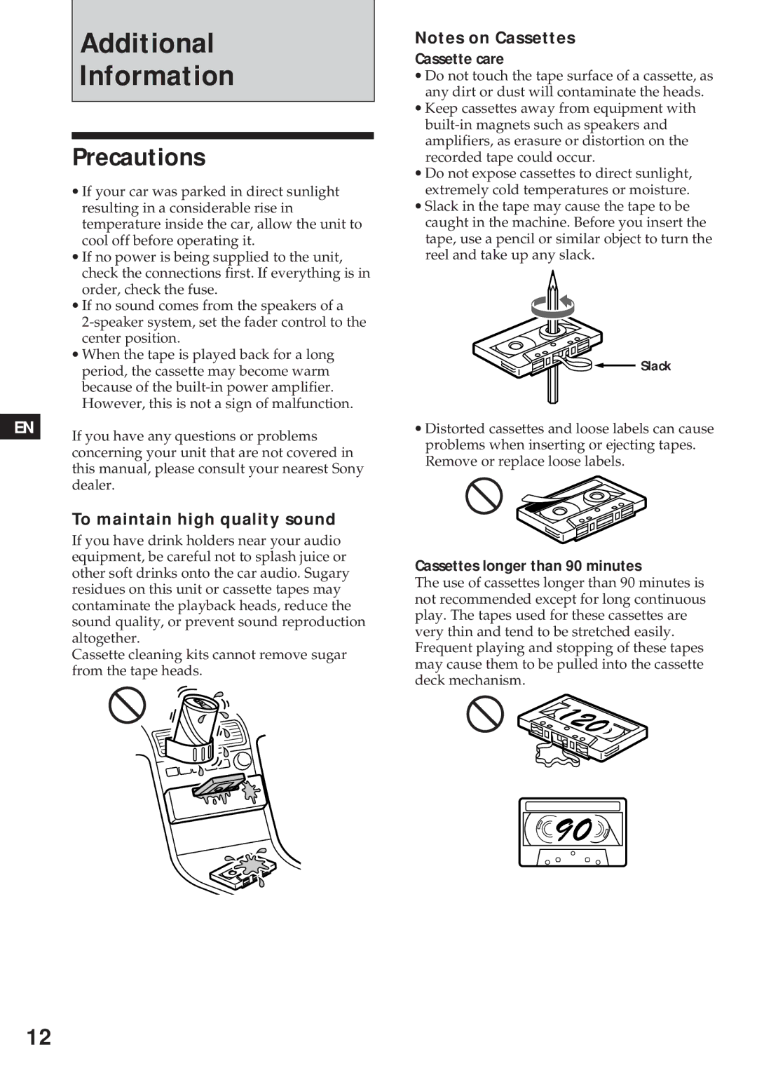 Sony XR-4740RDS operating instructions Additional Information, Precautions, To maintain high quality sound, Cassette care 