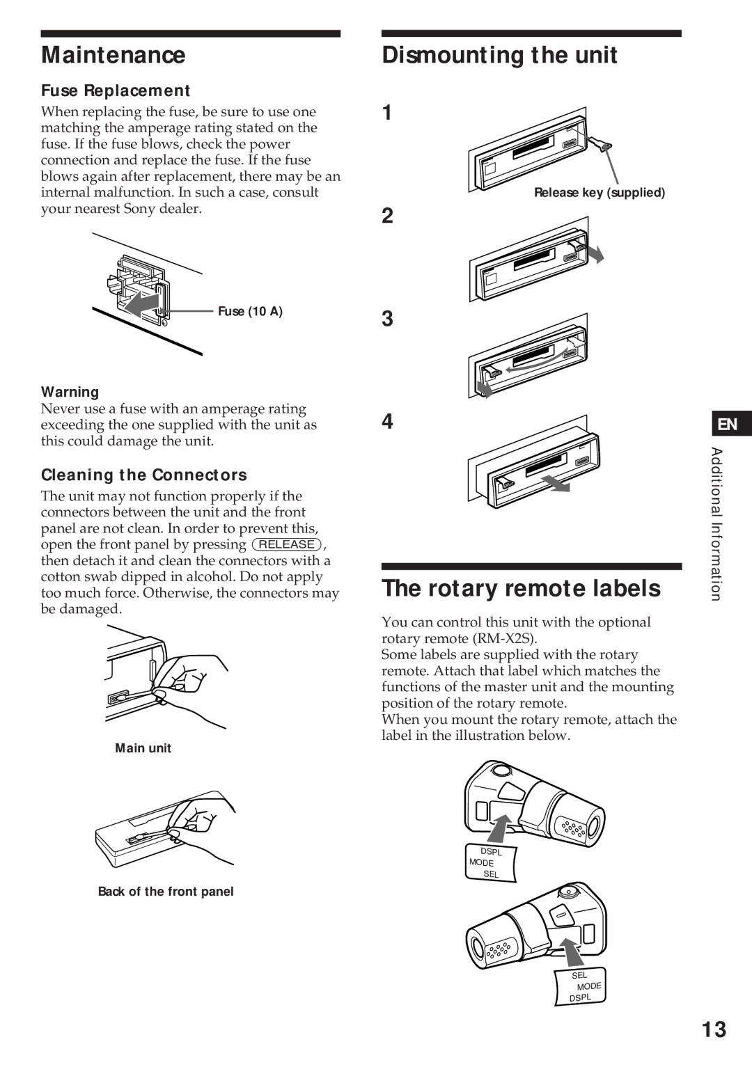Sony XR-4740RDS Maintenance, Dismounting the unit, Rotary remote labels, Fuse Replacement, Cleaning the Connectors 