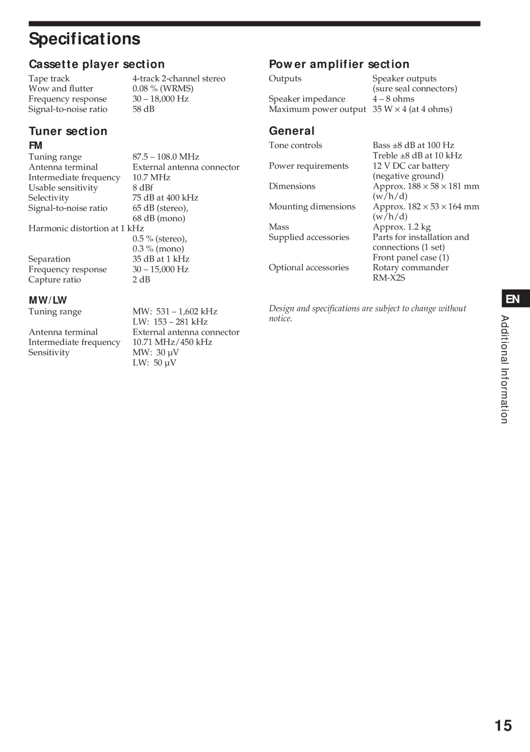 Sony XR-4740RDS Specifications, Cassette player section, Tuner section, Power amplifier section, General 