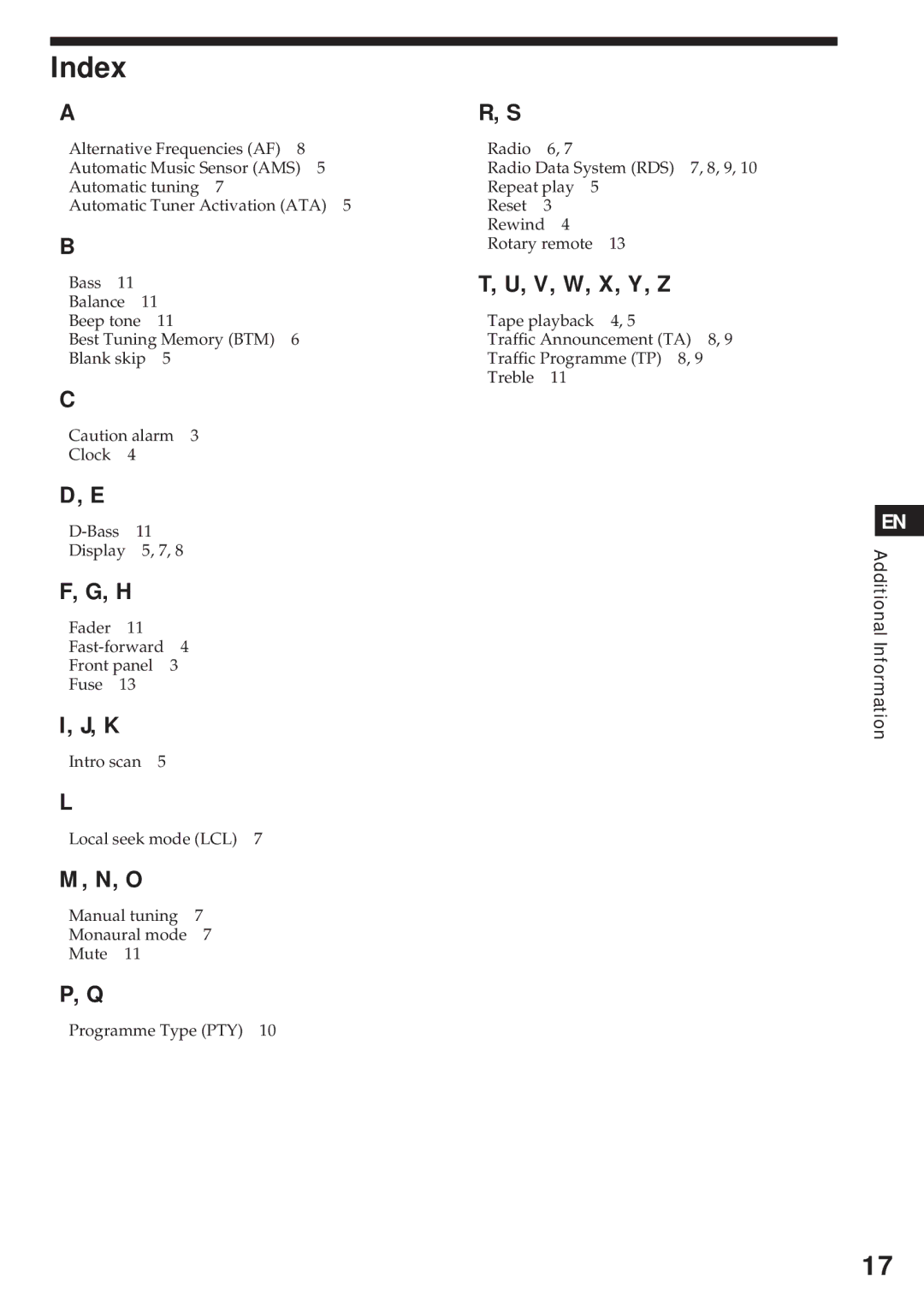 Sony XR-4740RDS operating instructions Index, V, W, X, Y, Z 