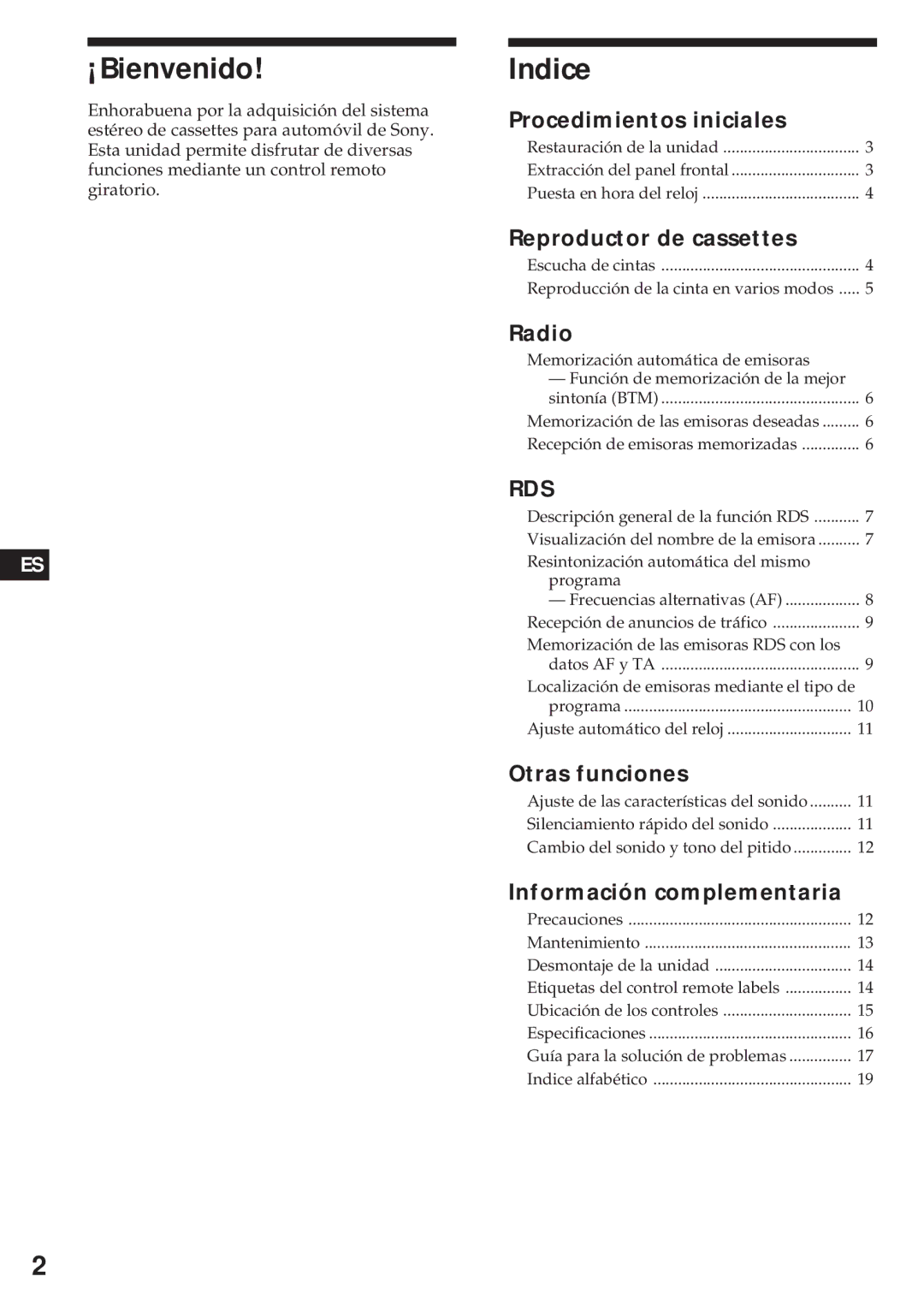 Sony XR-4740RDS operating instructions ¡Bienvenido, Indice 