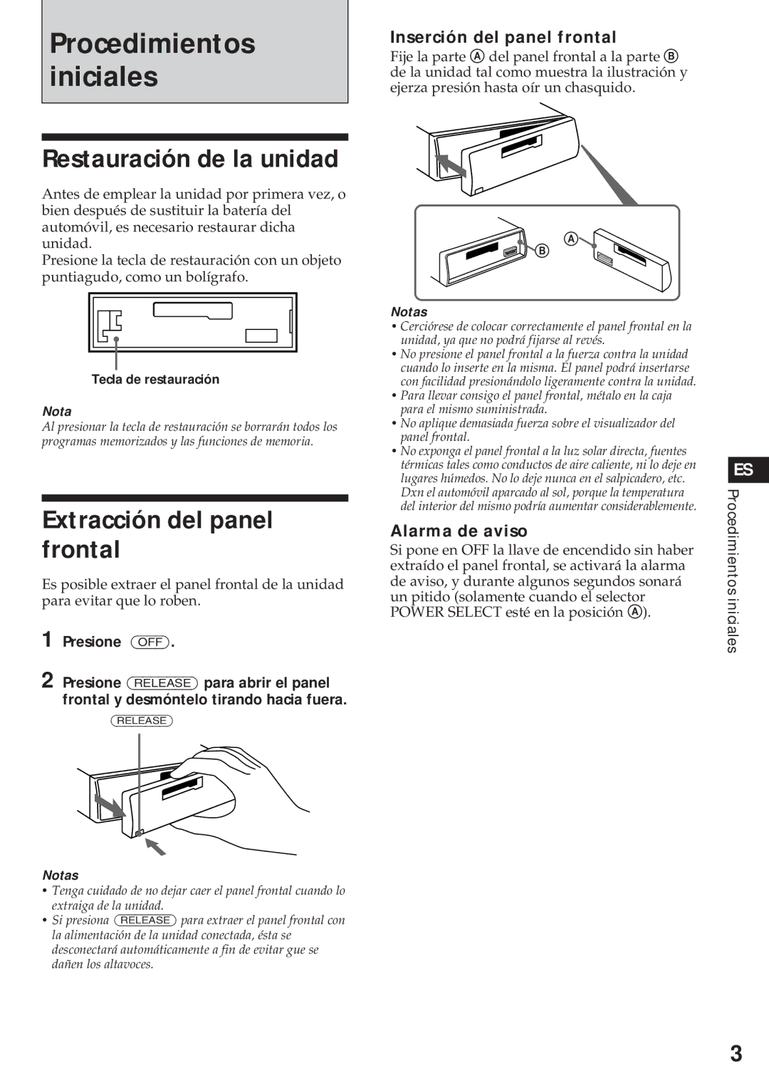 Sony XR-4740RDS Restauración de la unidad, Extracción del panel frontal, Inserción del panel frontal, Alarma de aviso 