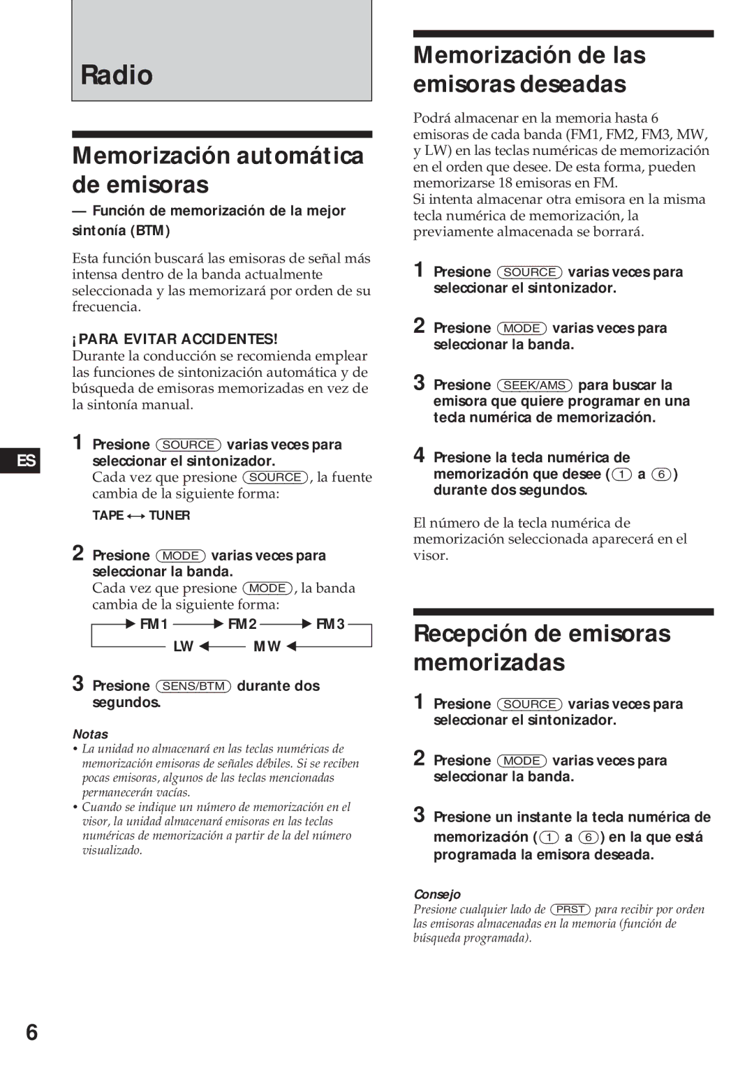 Sony XR-4740RDS operating instructions Memorización automática de emisoras, Memorización de las emisoras deseadas 